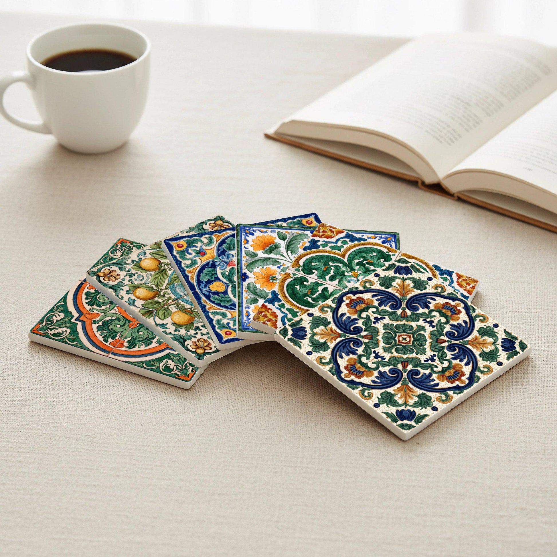 Valenciana con diseño floral mediterráneo (juego de 6) — Set de Dessous de Verre en Céramique · Cadeau Inspiration Jardin