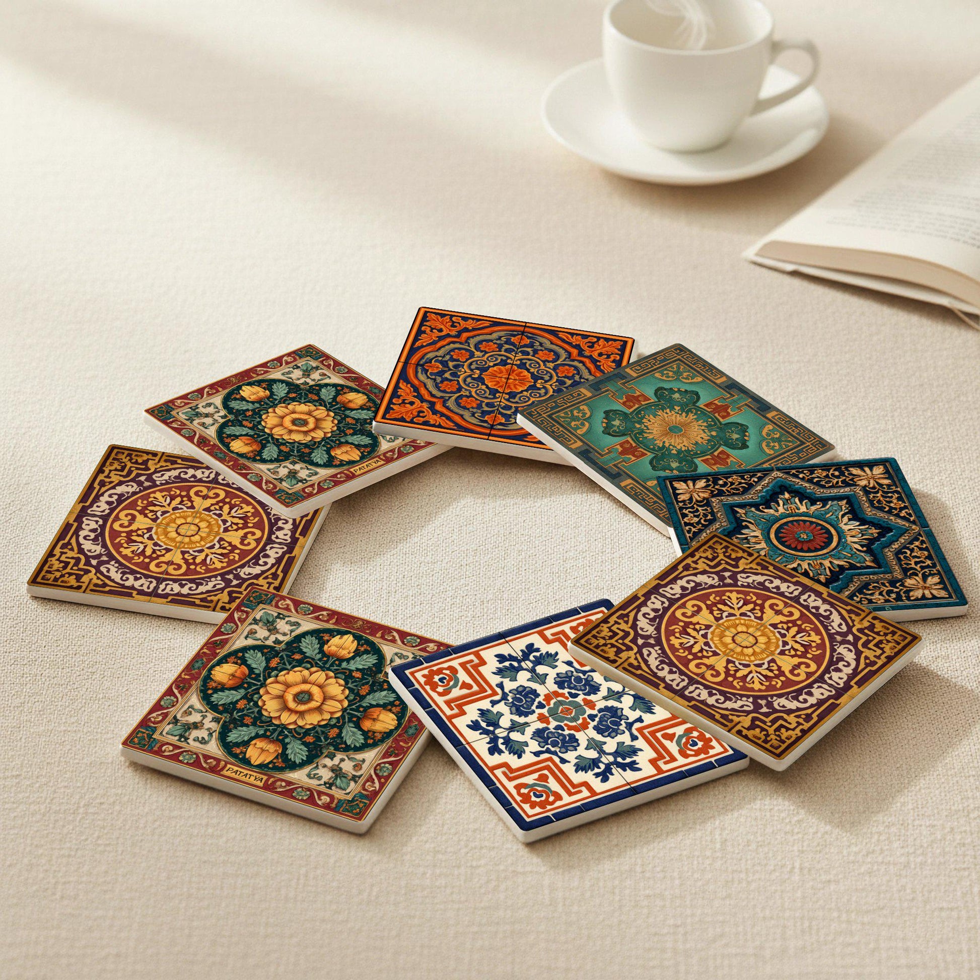 Posavasos Mediterránea con tonos tierra intensos, motivos florales ornamentales 