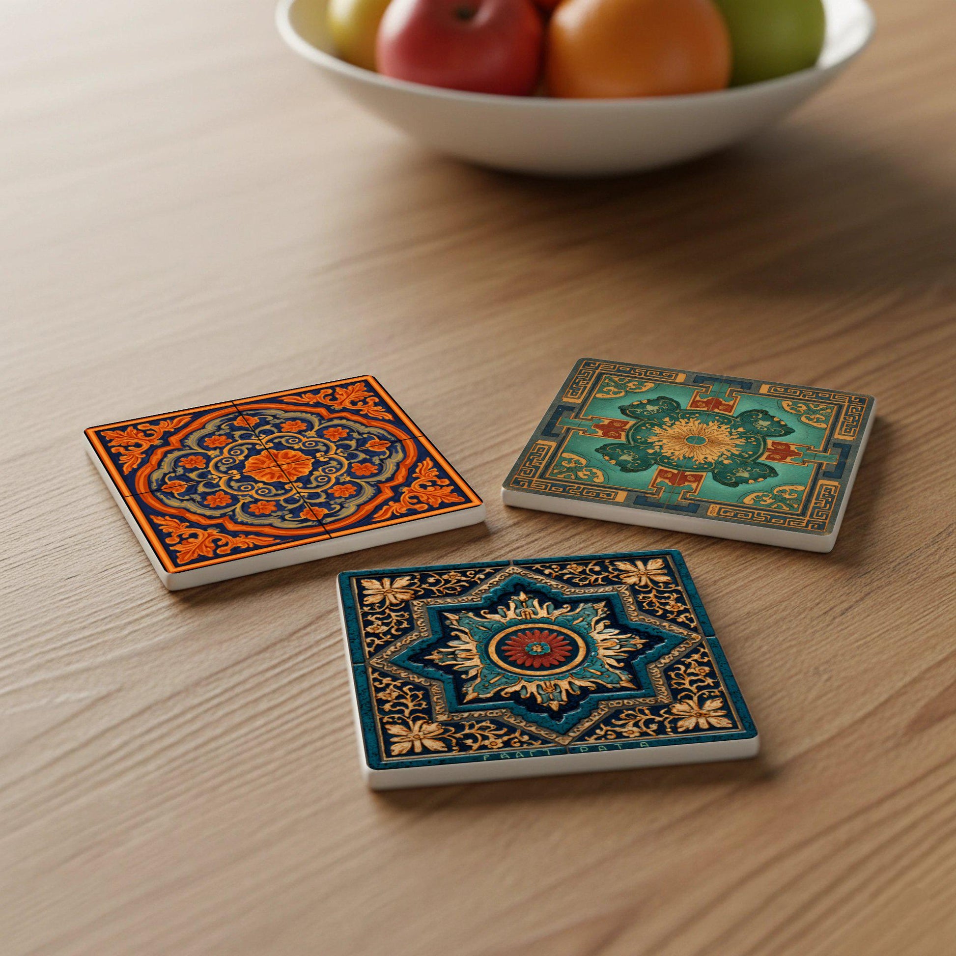 Posavasos Mediterránea con tonos tierra intensos, motivos florales ornamentales 