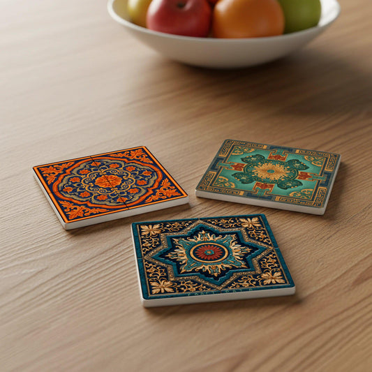 Posavasos Mediterránea con tonos tierra intensos, motivos florales ornamentales 