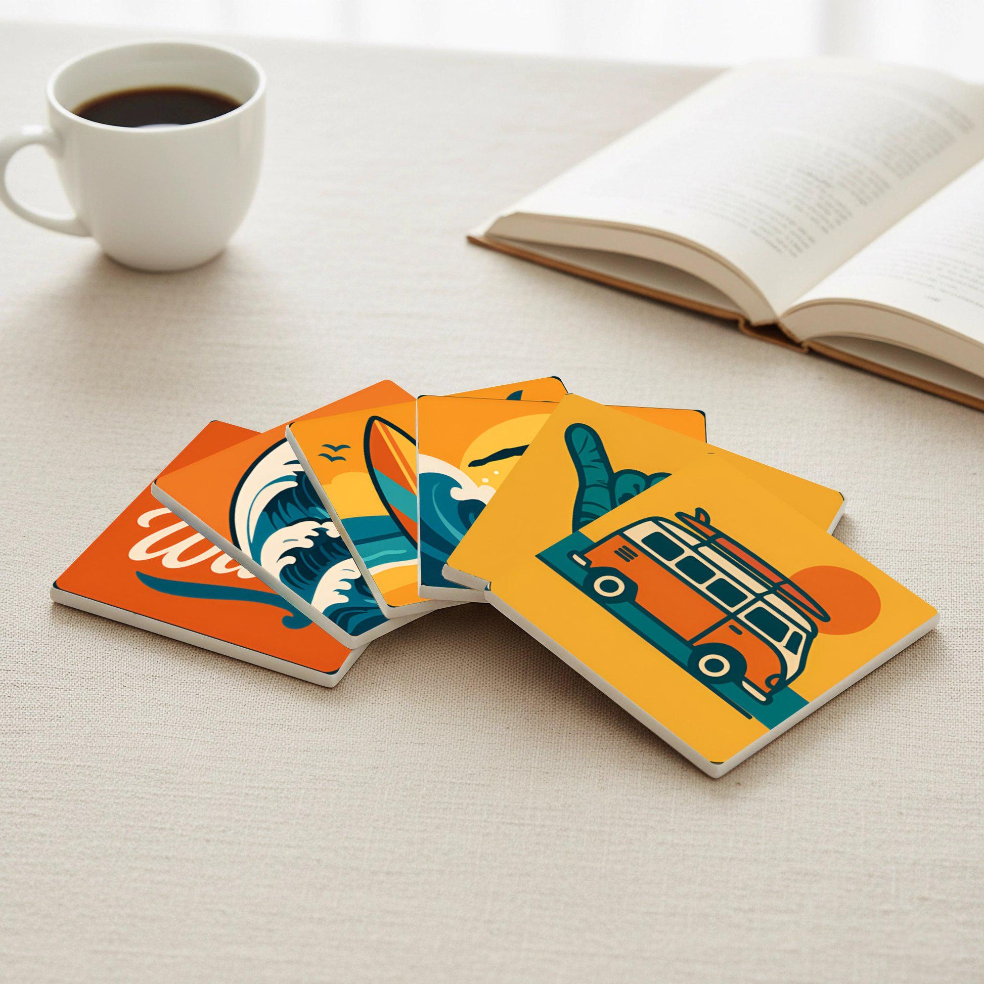 Diseño de cultura surfera · Coaster Set with Cork — Mediterranean & Coastal