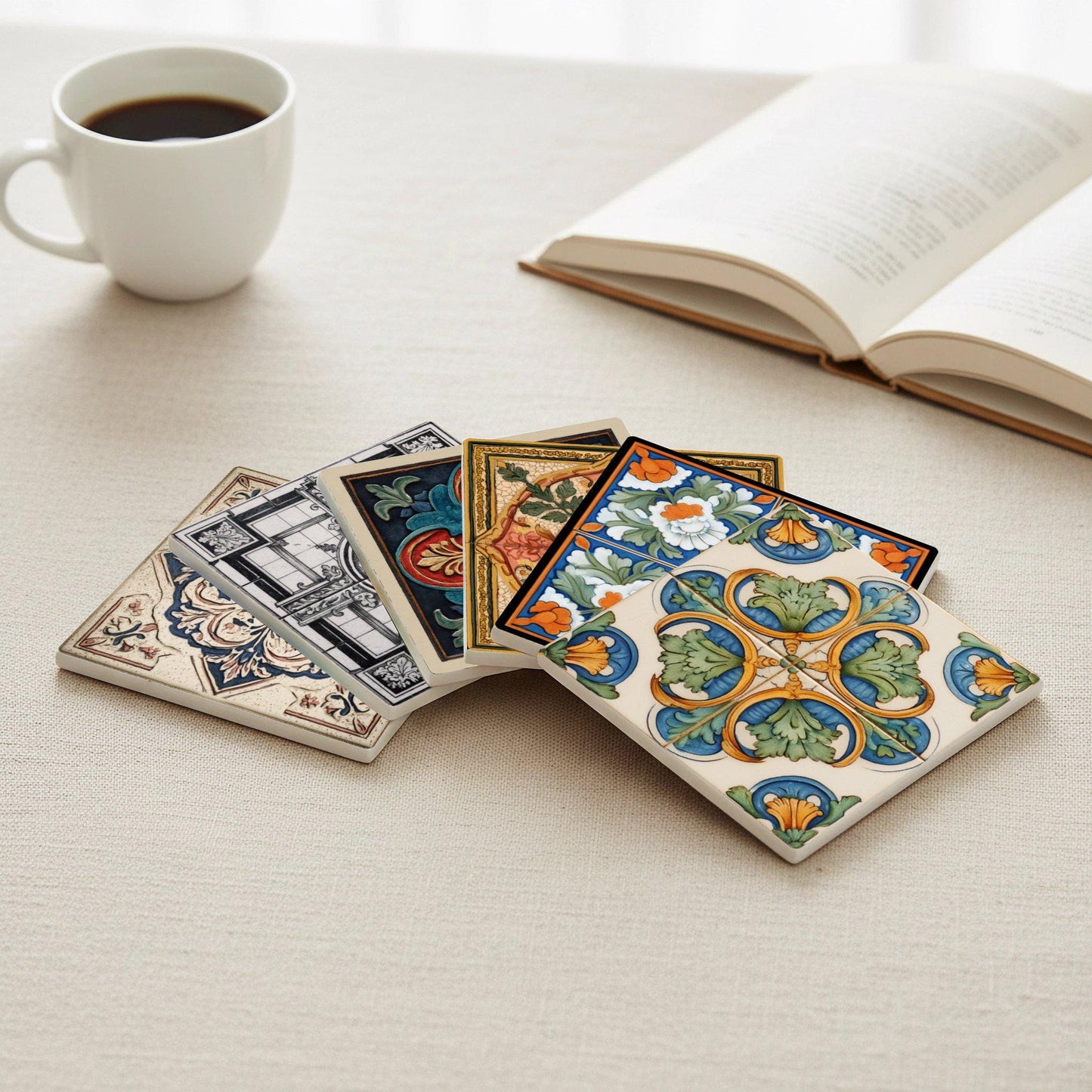 Renaissance Maiolica Ceramic Coaster Set · Coaster Set with Cork — Coastal Living Gift