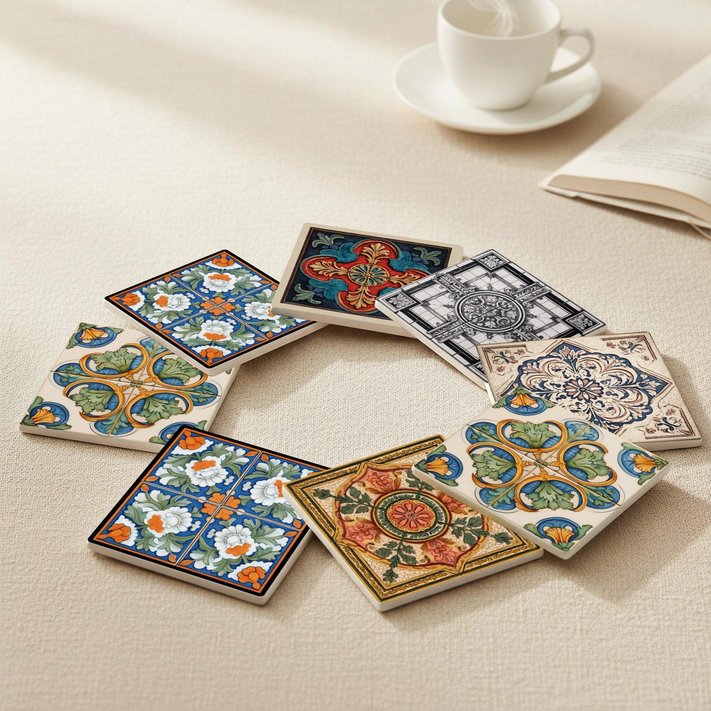 Renaissance Maiolica Ceramic Coaster Set · Coaster Set with Cork — Coastal Living Gift