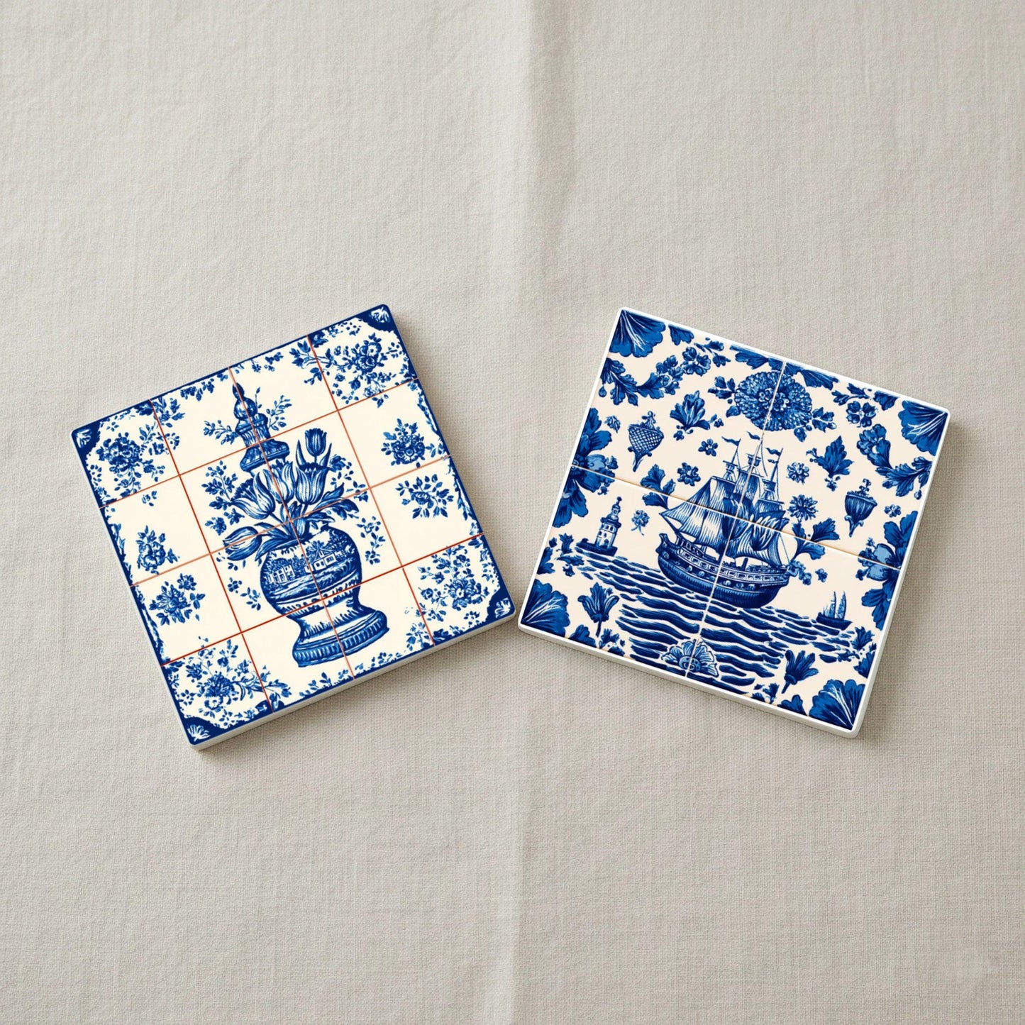 Delft Blue Ceramic Coaster Set · Coaster Set with Cork — Geometric & Deco