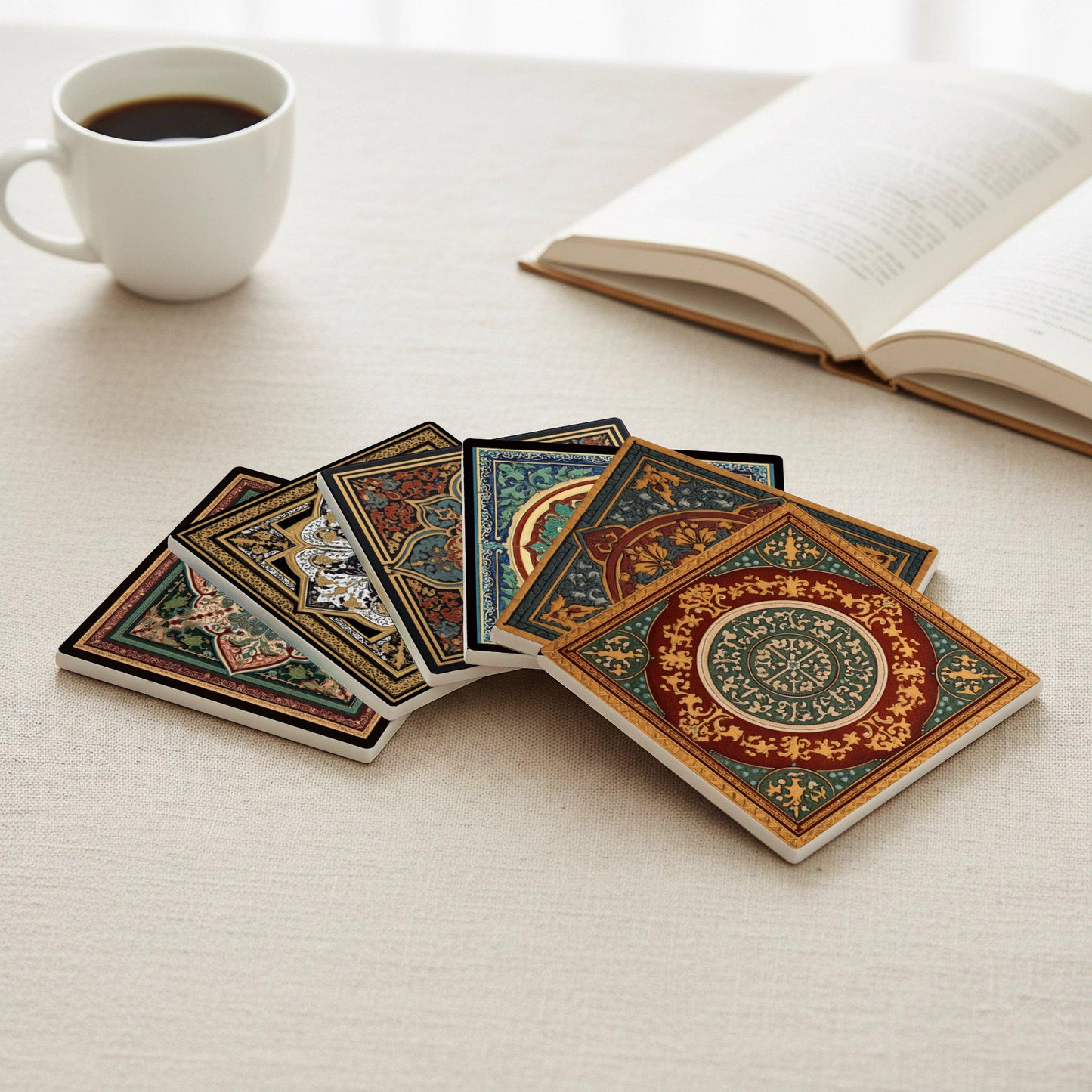 Greco-Roman Mosaic Ceramic Coaster Set · Coaster Set with Cork — Geometric & Deco