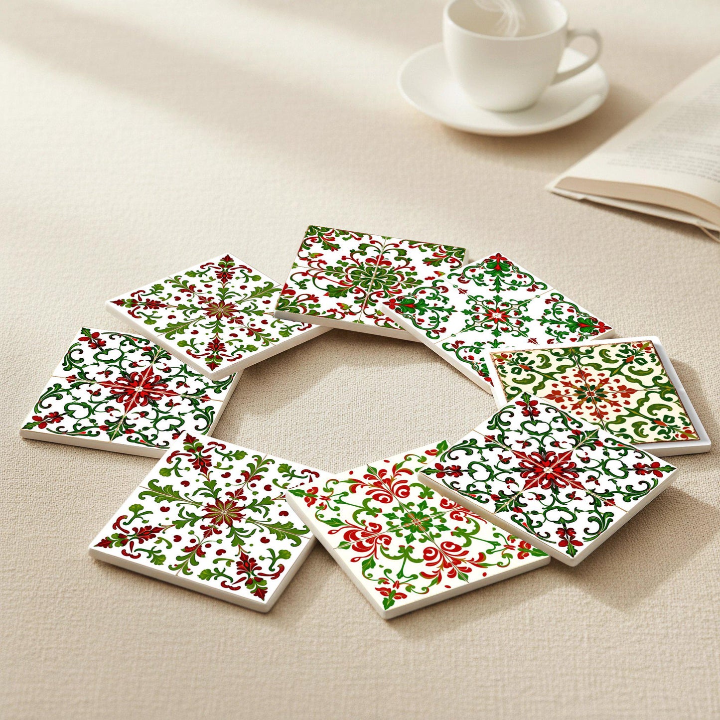 Arte popular húngaro con azulejos florales rojos y verdes · Sottobicchieri con Sughero — Collezione Grandi Pittori