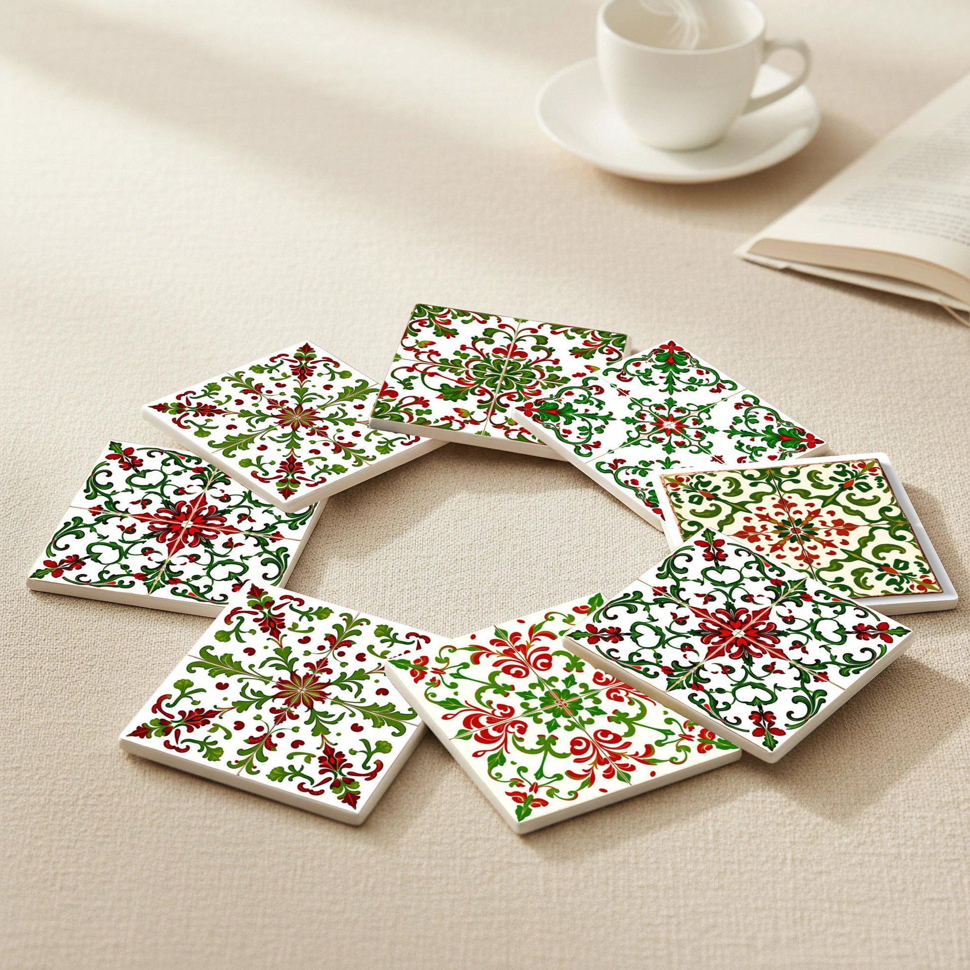 Arte popular húngaro con azulejos florales rojos y verdes · Sottobicchieri con Sughero — Collezione Grandi Pittori