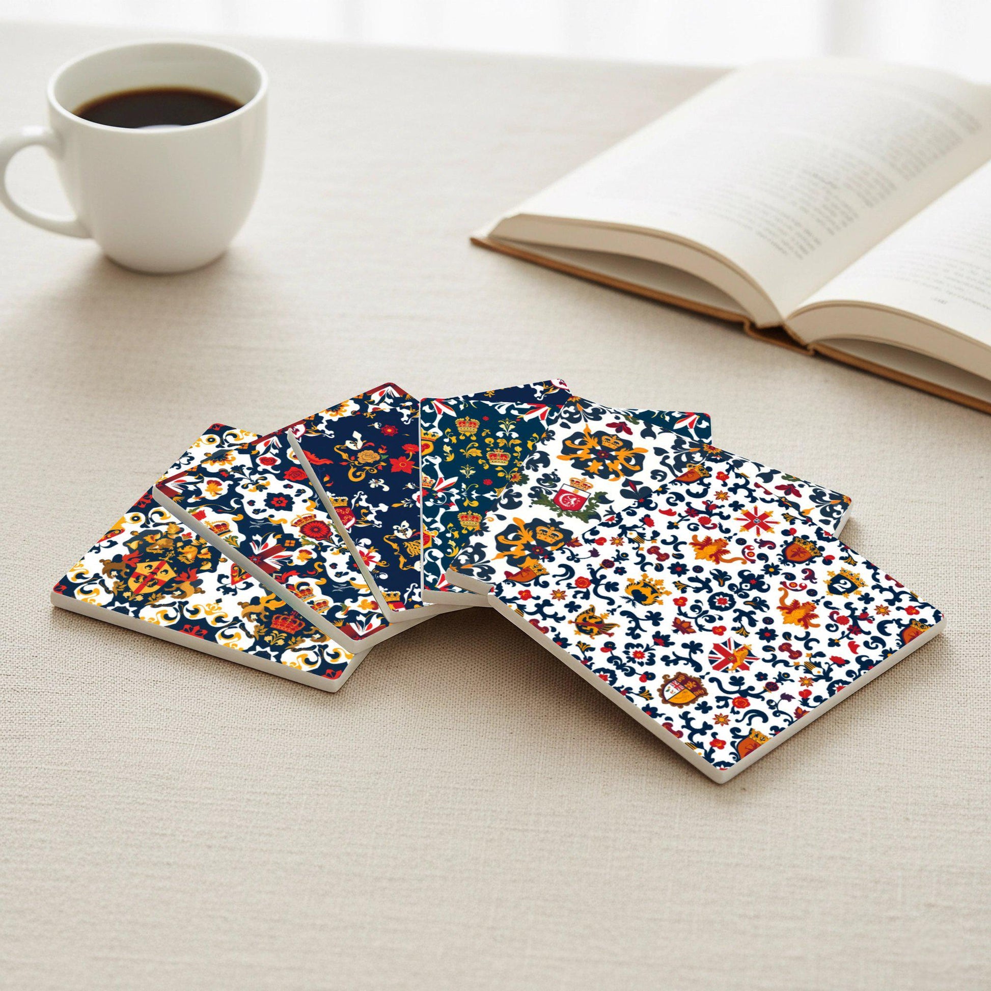 Heráldicos británicos · Coaster Set with Cork — Geometric & Deco