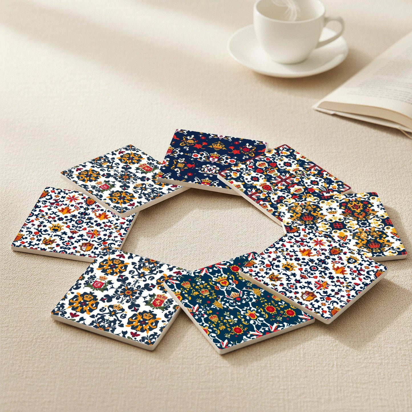 Heráldicos británicos · Coaster Set with Cork — Geometric & Deco