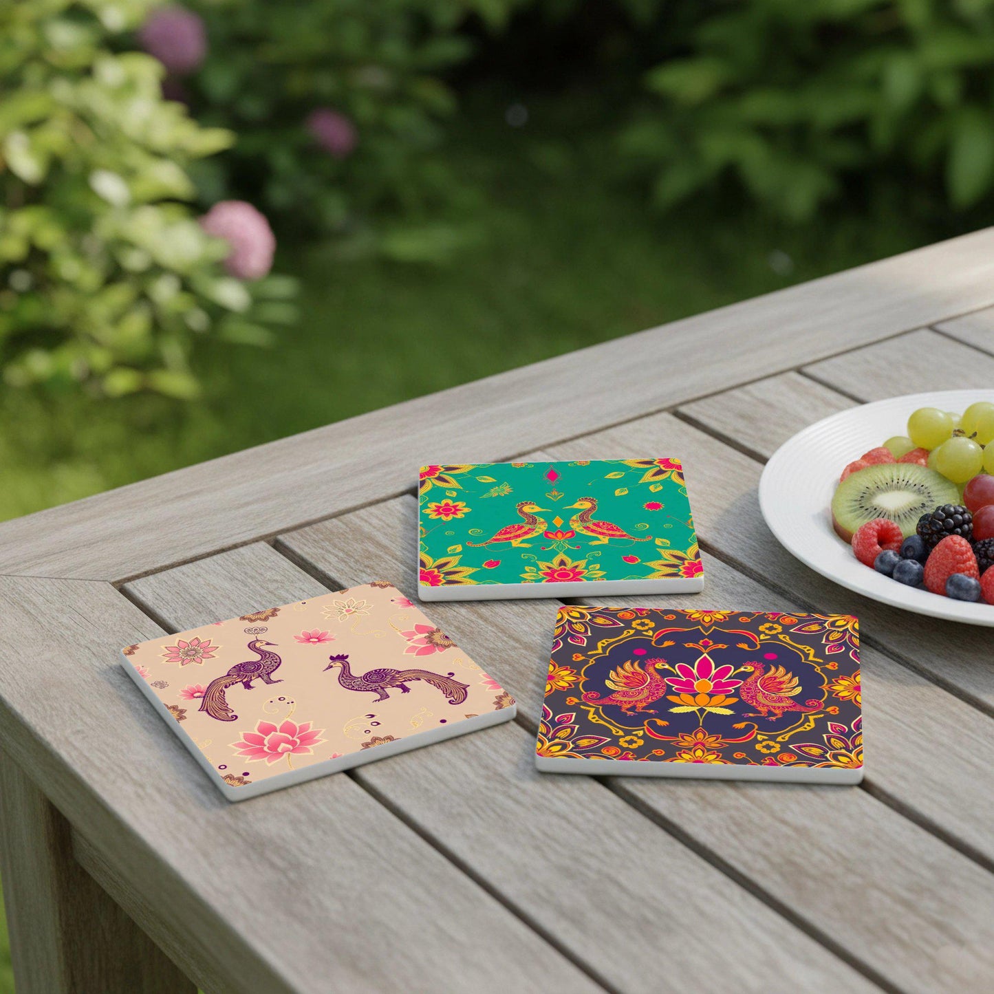 Peacock Indian · Coaster Set with Cork — Fine-Art Drinkware Décor
