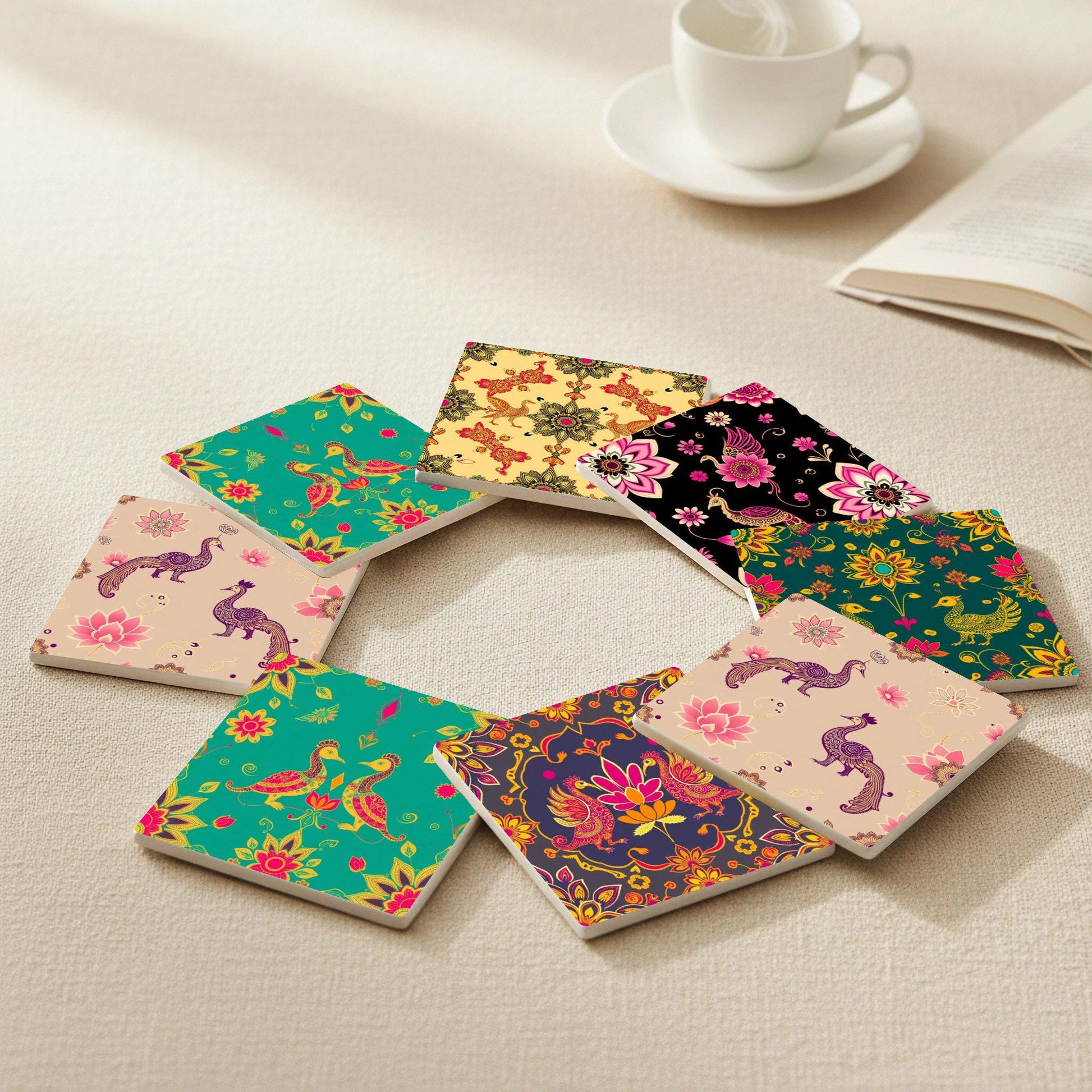 Peacock Indian · Coaster Set with Cork — Fine-Art Drinkware Décor