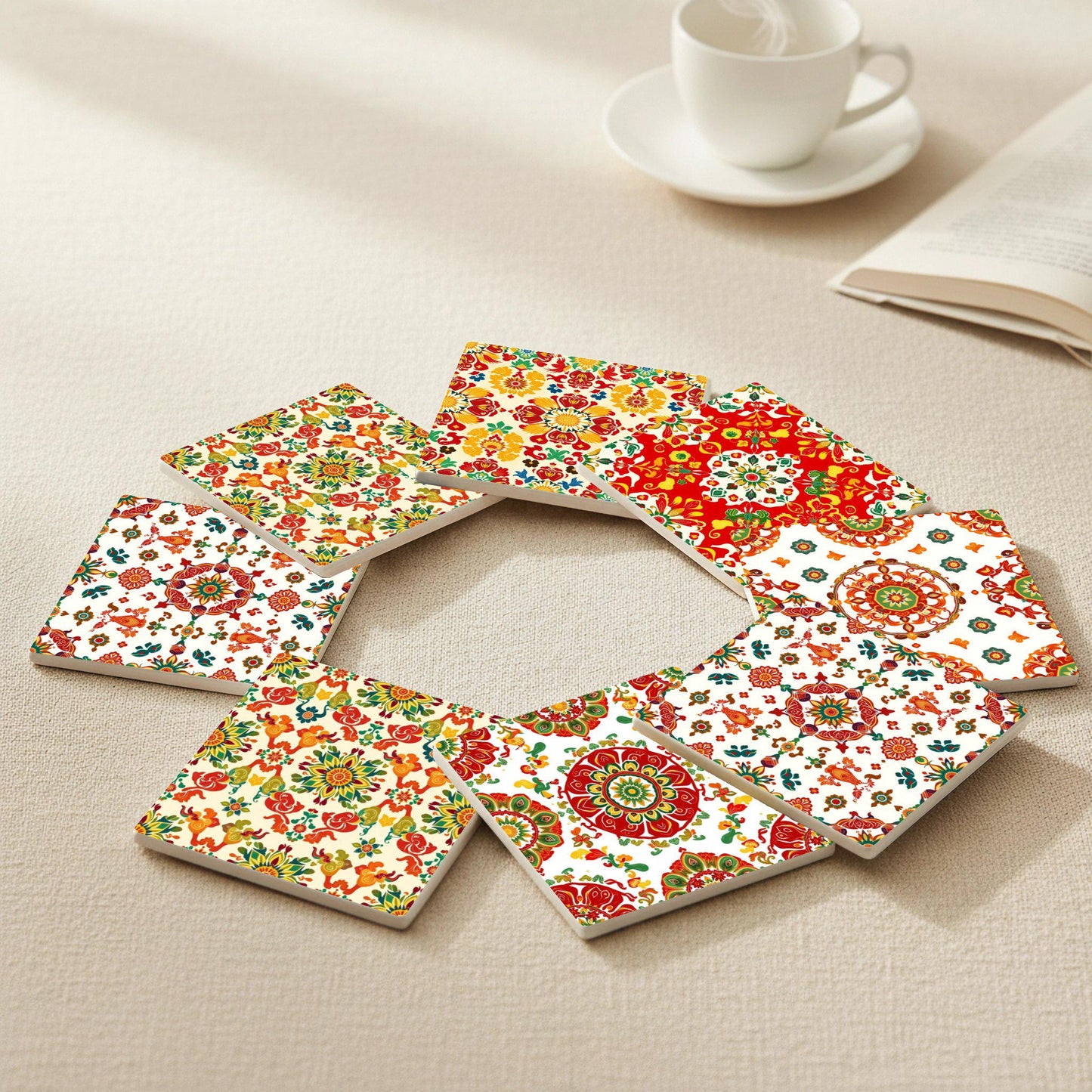 Motivos Ornamental · Coaster Set with Cork — Geometric & Deco