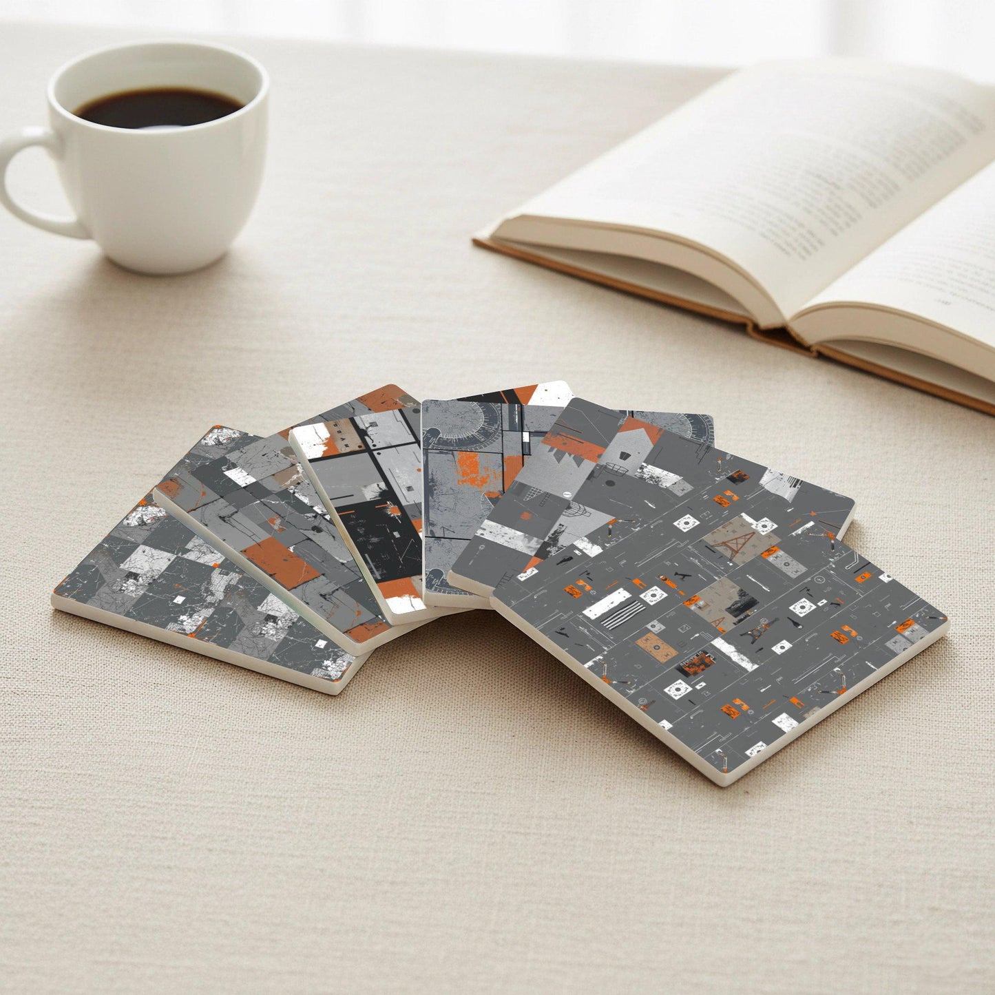 Industrial Geometry Ceramic Coaster Set · Coaster Set with Cork — Geometric & Deco
