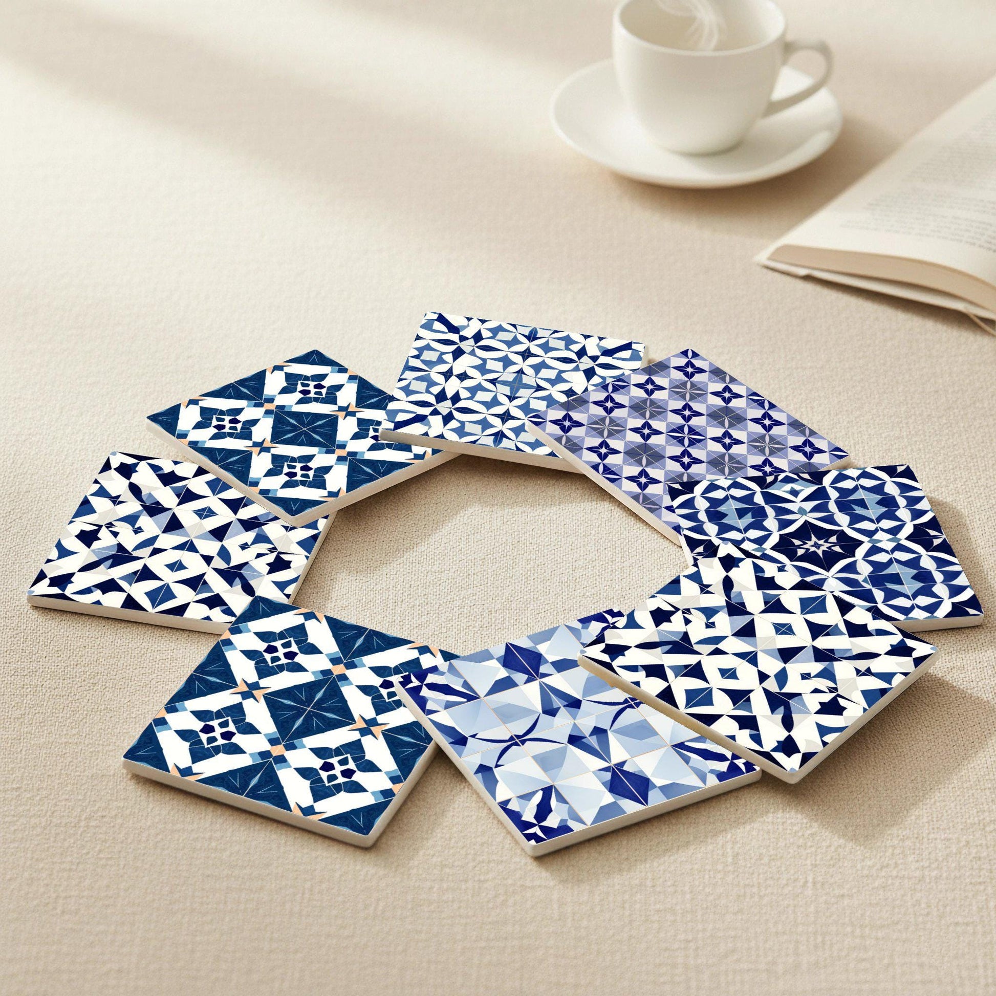 Posavasos Geométricos de cerámica azul - Azulejo mediterráneo marroquí, juego de