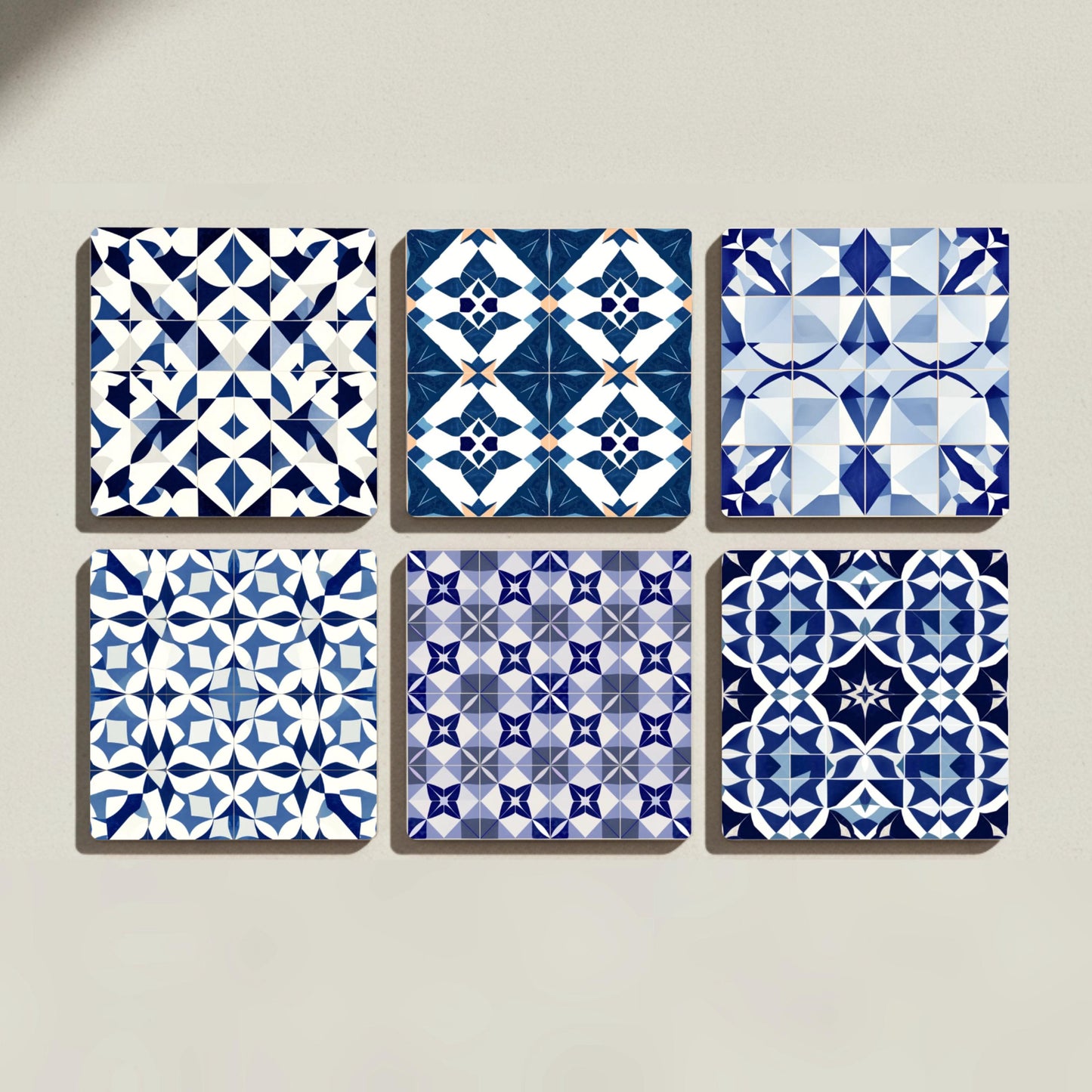 Posavasos Geométricos de cerámica azul - Azulejo mediterráneo marroquí, juego de