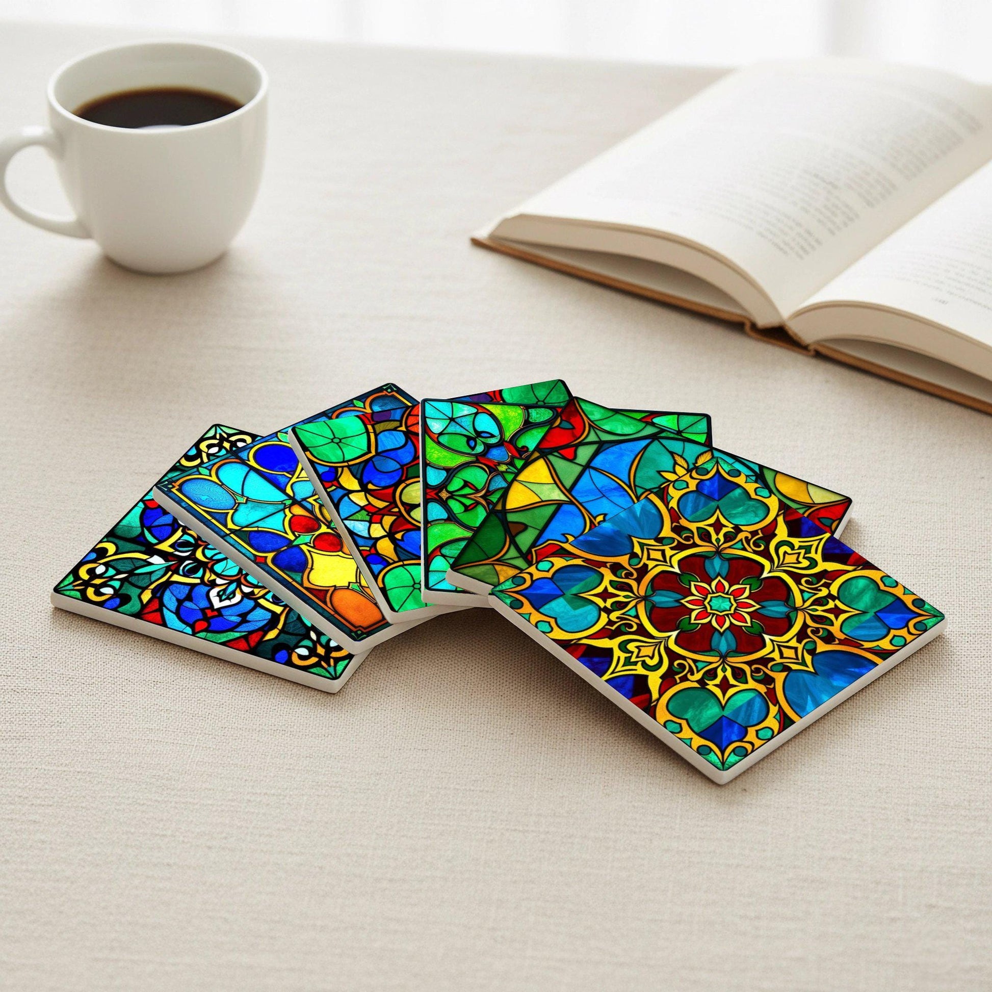 Posavasos Vitrales - Mosaico en tonos joya, juego de 6