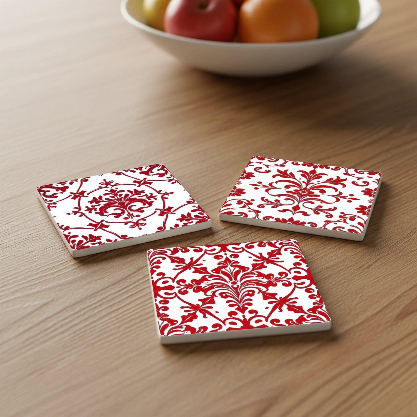 Damask Red — Ceramic Coaster Set · Geometric & Deco