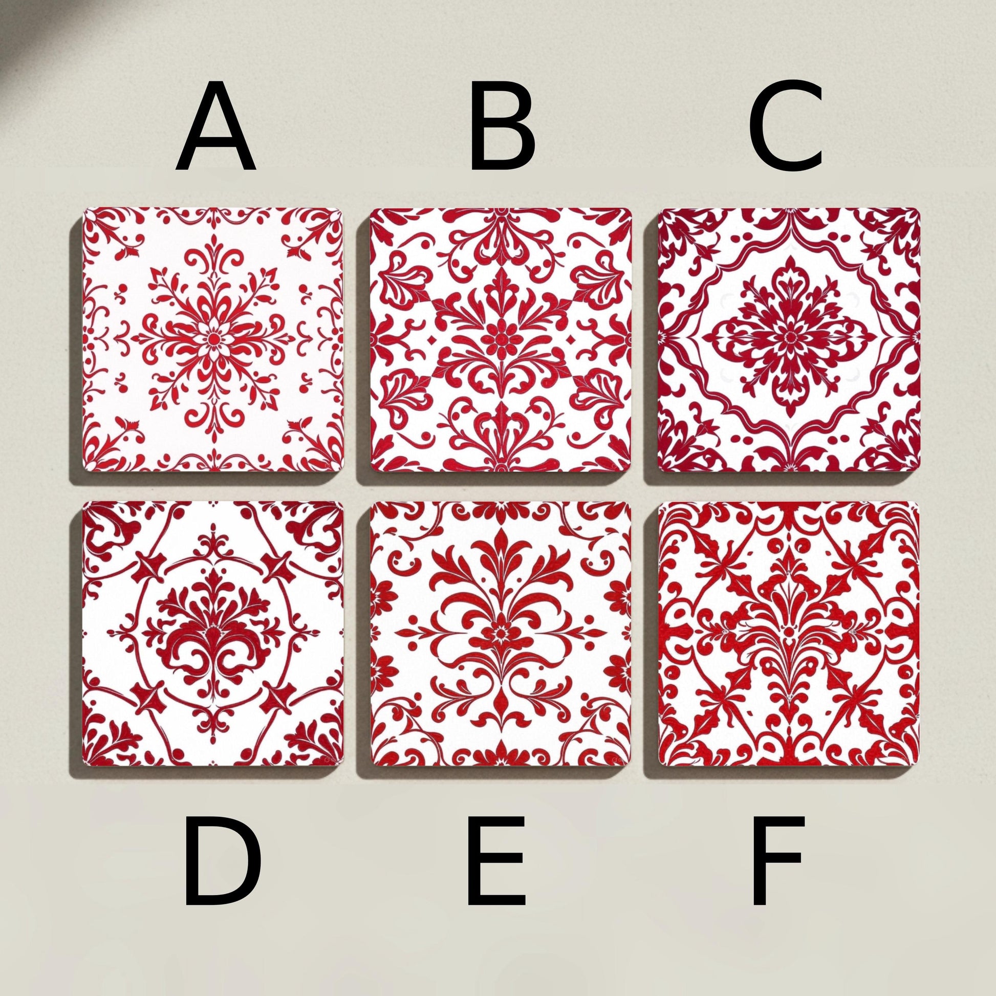 Damask Red — Ceramic Coaster Set · Geometric & Deco