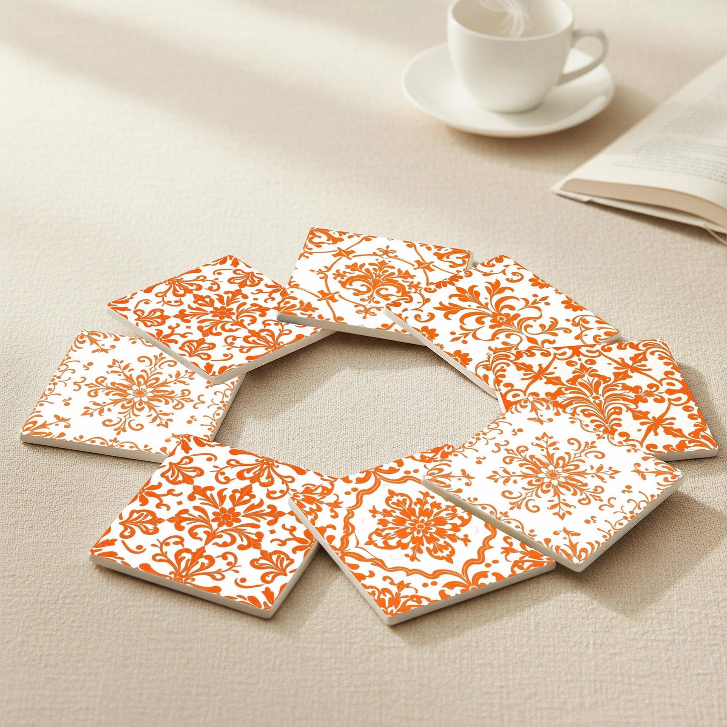 Damask Orange — Ceramic Coaster Set · Design-Lover's Table Set