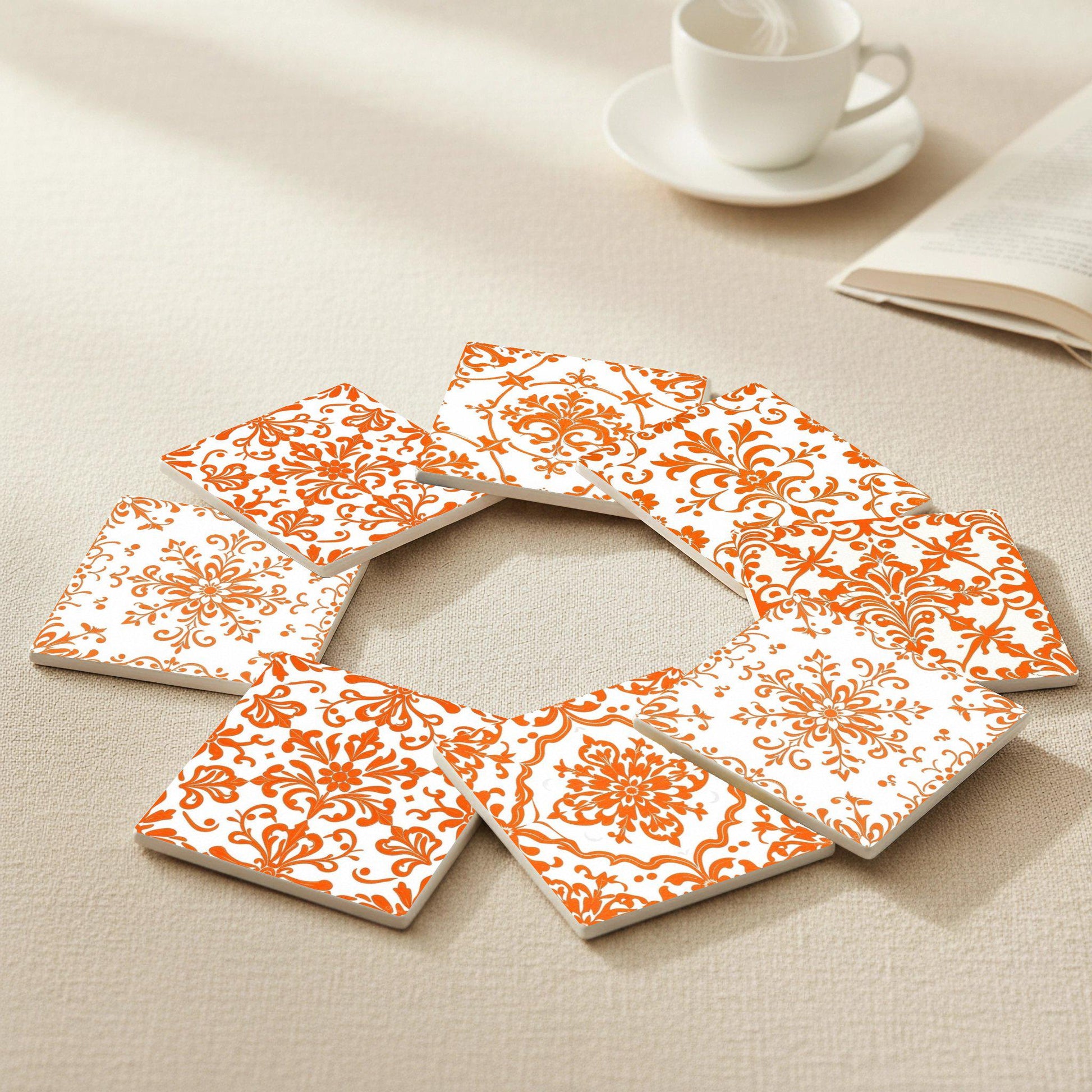 Damask Orange — Ceramic Coaster Set · Design-Lover's Table Set