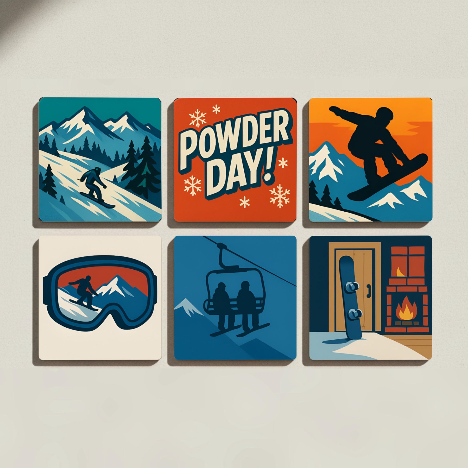 Posavasos Azulejos de snowboard con ilustraciones de montañas para decorar la me