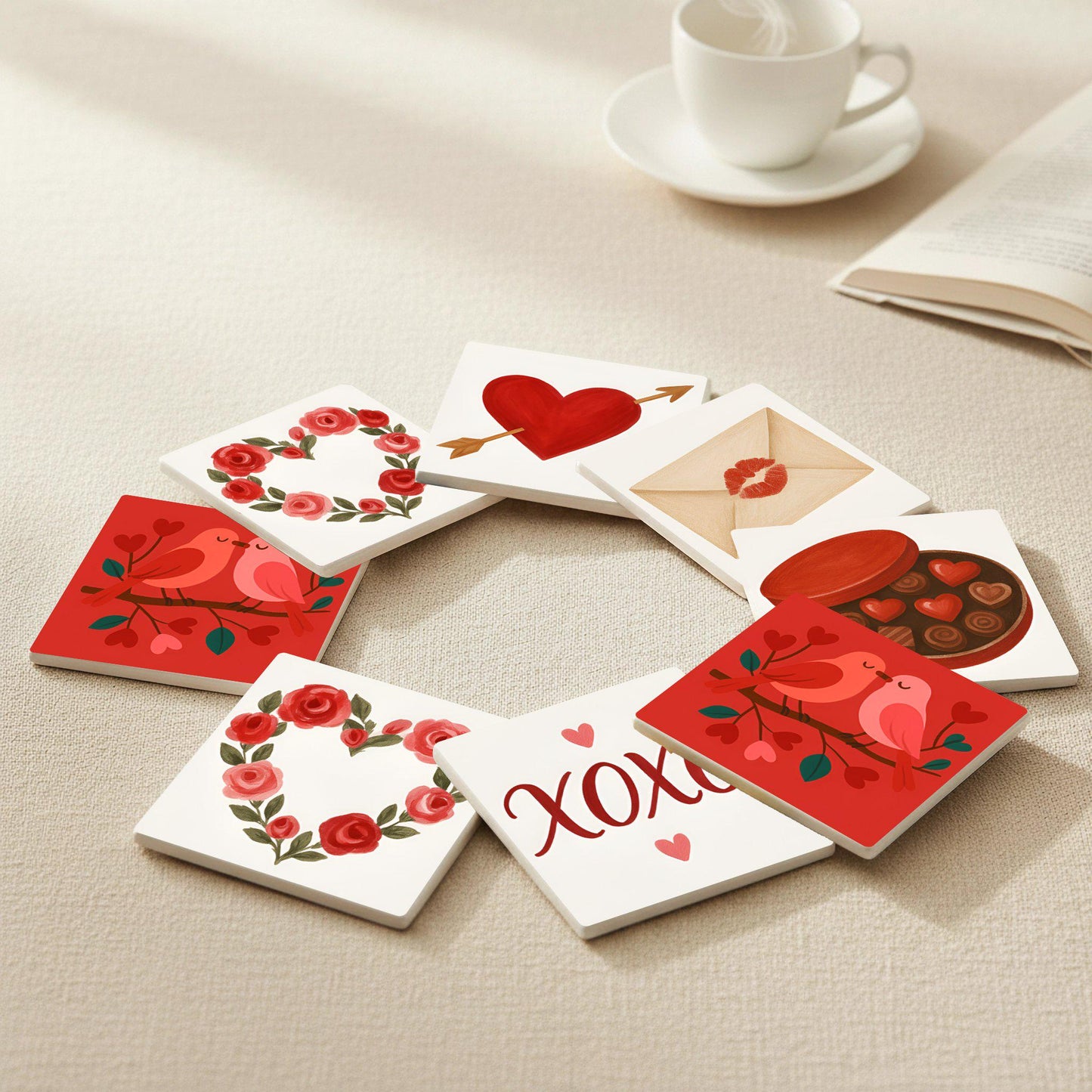 Dessous de Verre Románticos de cerámica con ilustraciones de amor, decoración de mesa — Dessous de Verre à Motifs Modernes