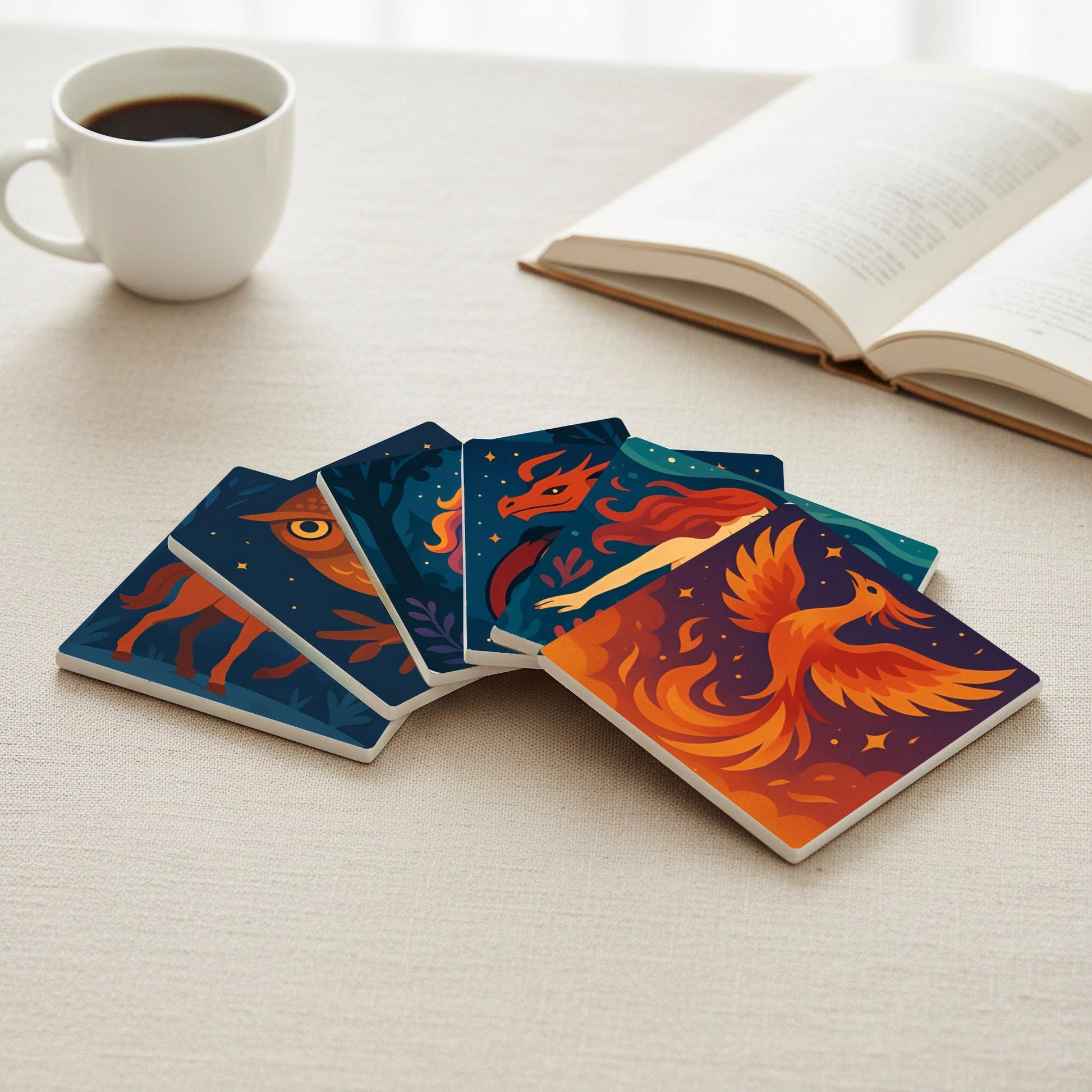Posavasos Criaturas míticas, posavasos de azulejos de fantasía, dragón, fénix y 