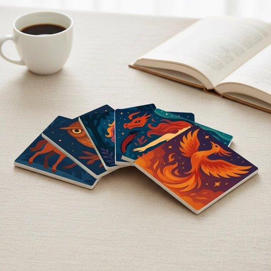 Posavasos Criaturas míticas, posavasos de azulejos de fantasía, dragón, fénix y 