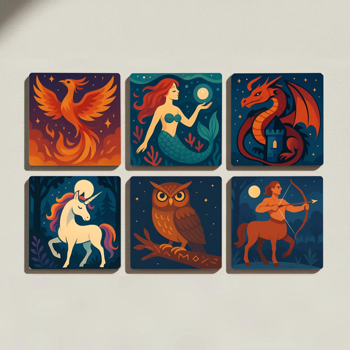 Posavasos Criaturas míticas, posavasos de azulejos de fantasía, dragón, fénix y 