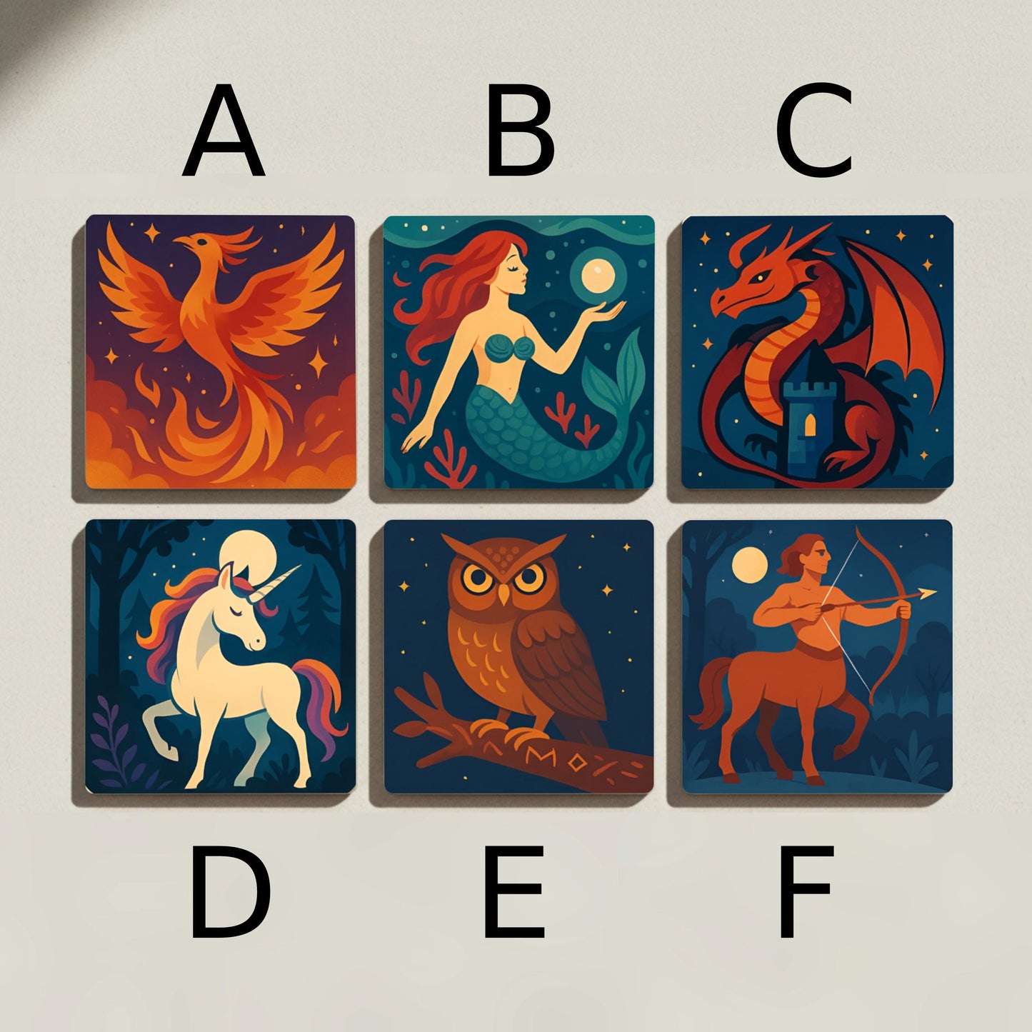 Posavasos Criaturas míticas, posavasos de azulejos de fantasía, dragón, fénix y 