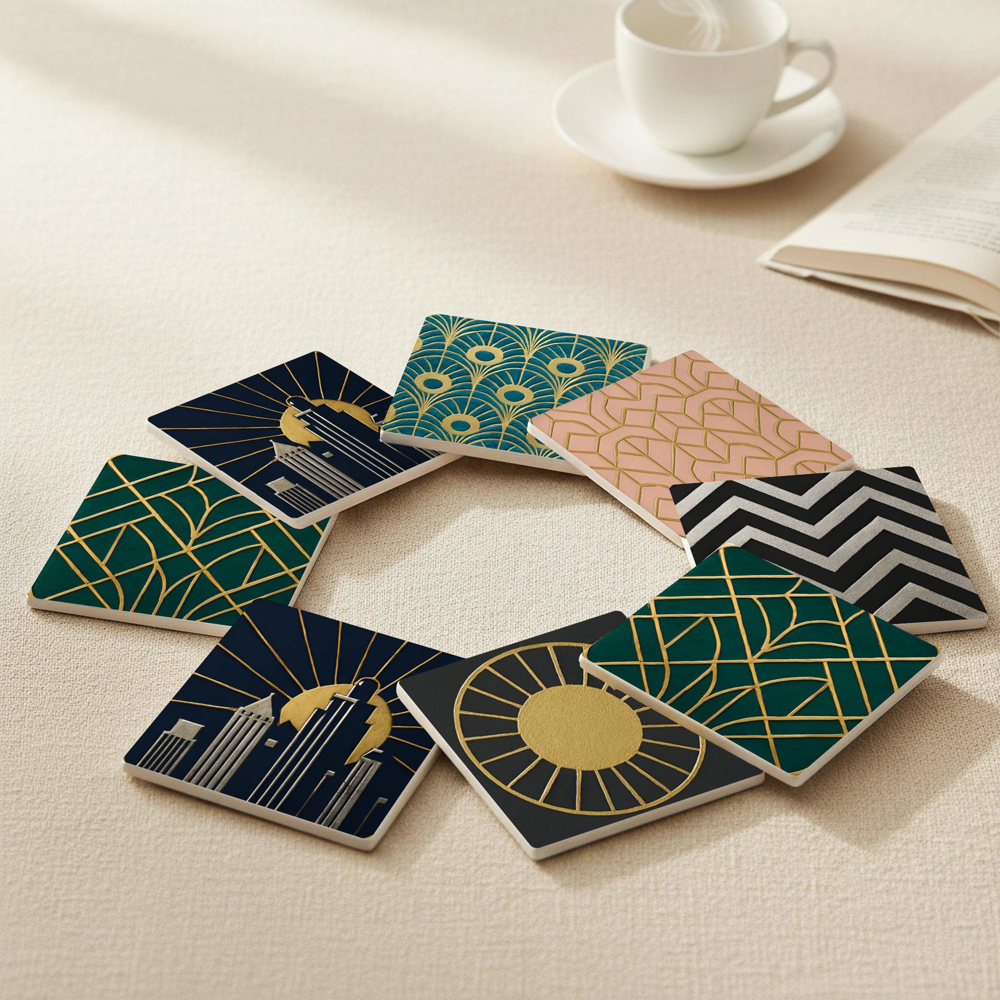 Ceramic Coasters Art Déco / Decoración de mesa con detalles geométricos dorados — Design-Lover's Table Set