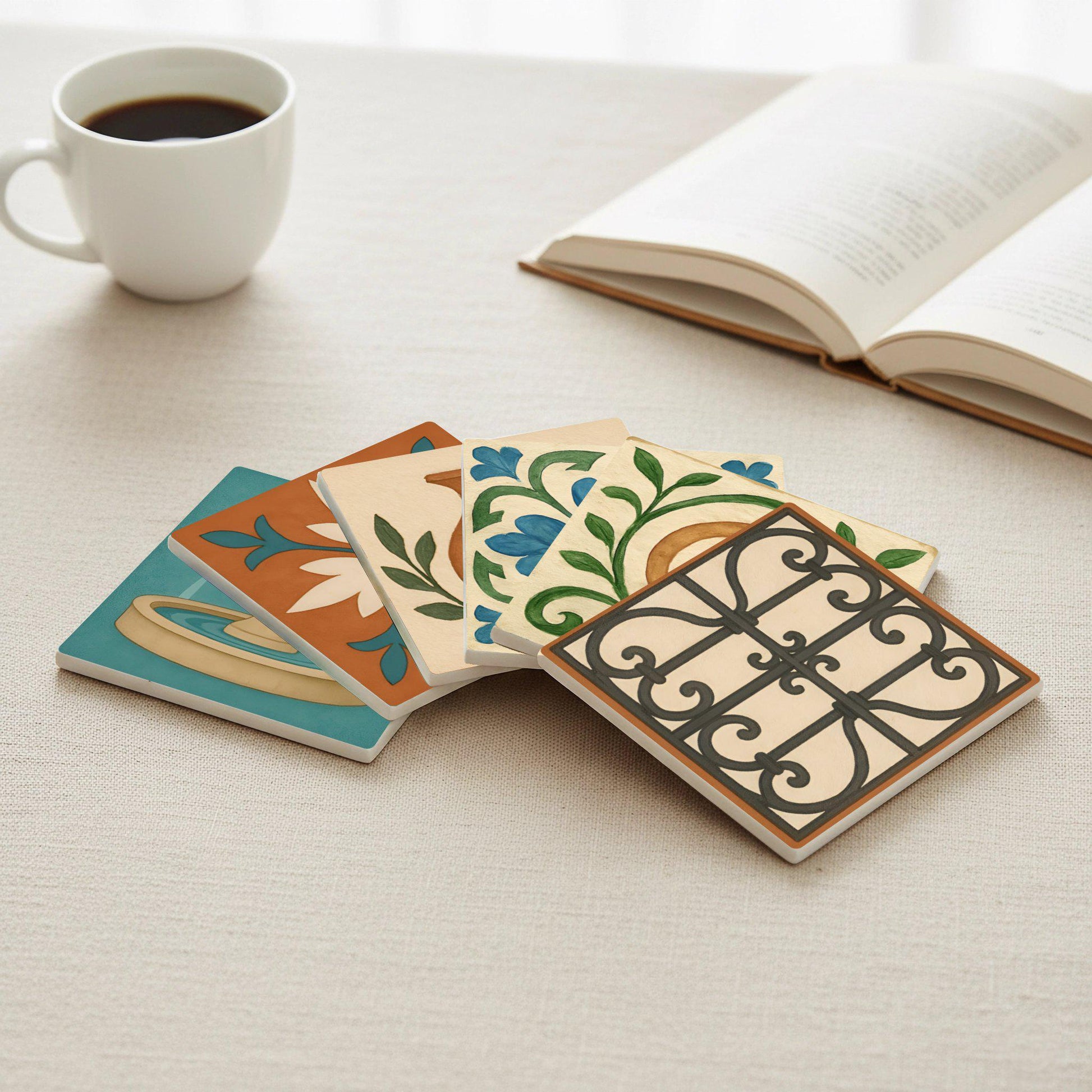 Mediterránea / Posavasos de azulejos toscanos / Decoración griega espa — Ceramic Coaster Set · Design-Lover's Table Set