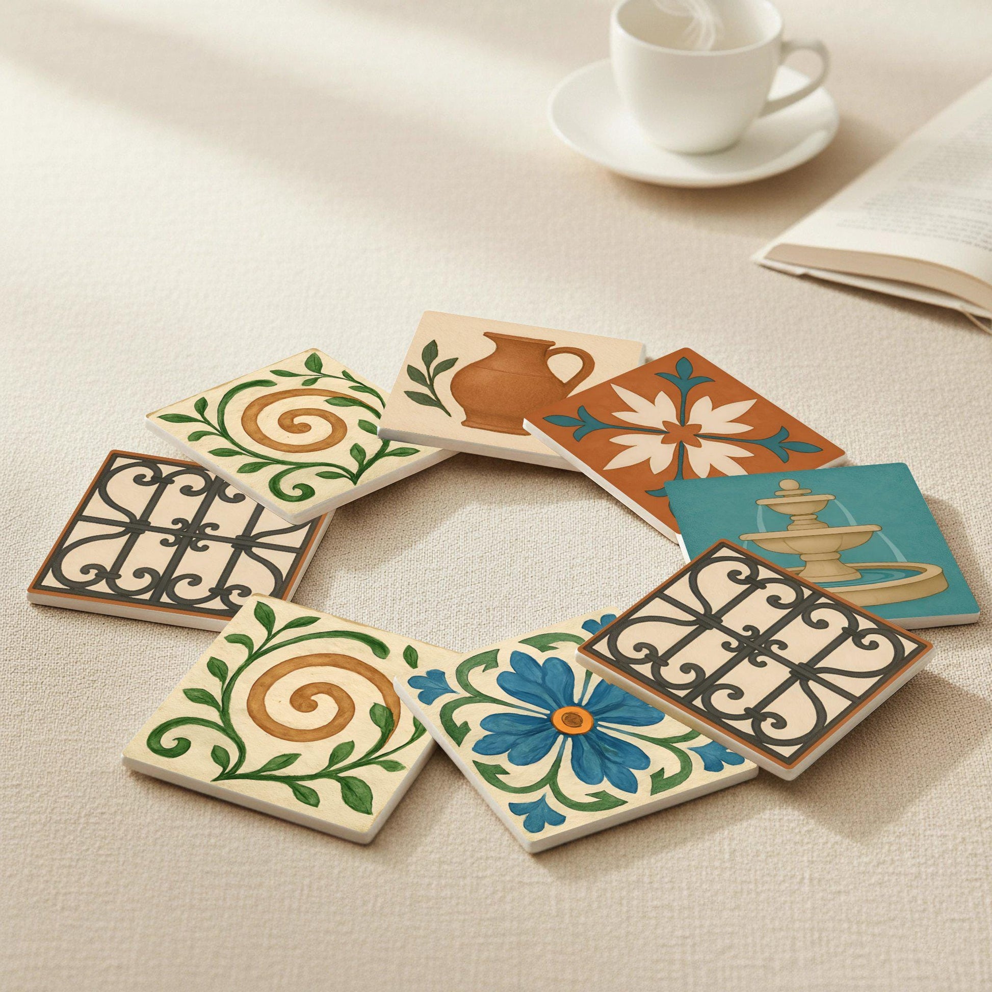 Mediterránea / Posavasos de azulejos toscanos / Decoración griega espa — Ceramic Coaster Set · Design-Lover's Table Set