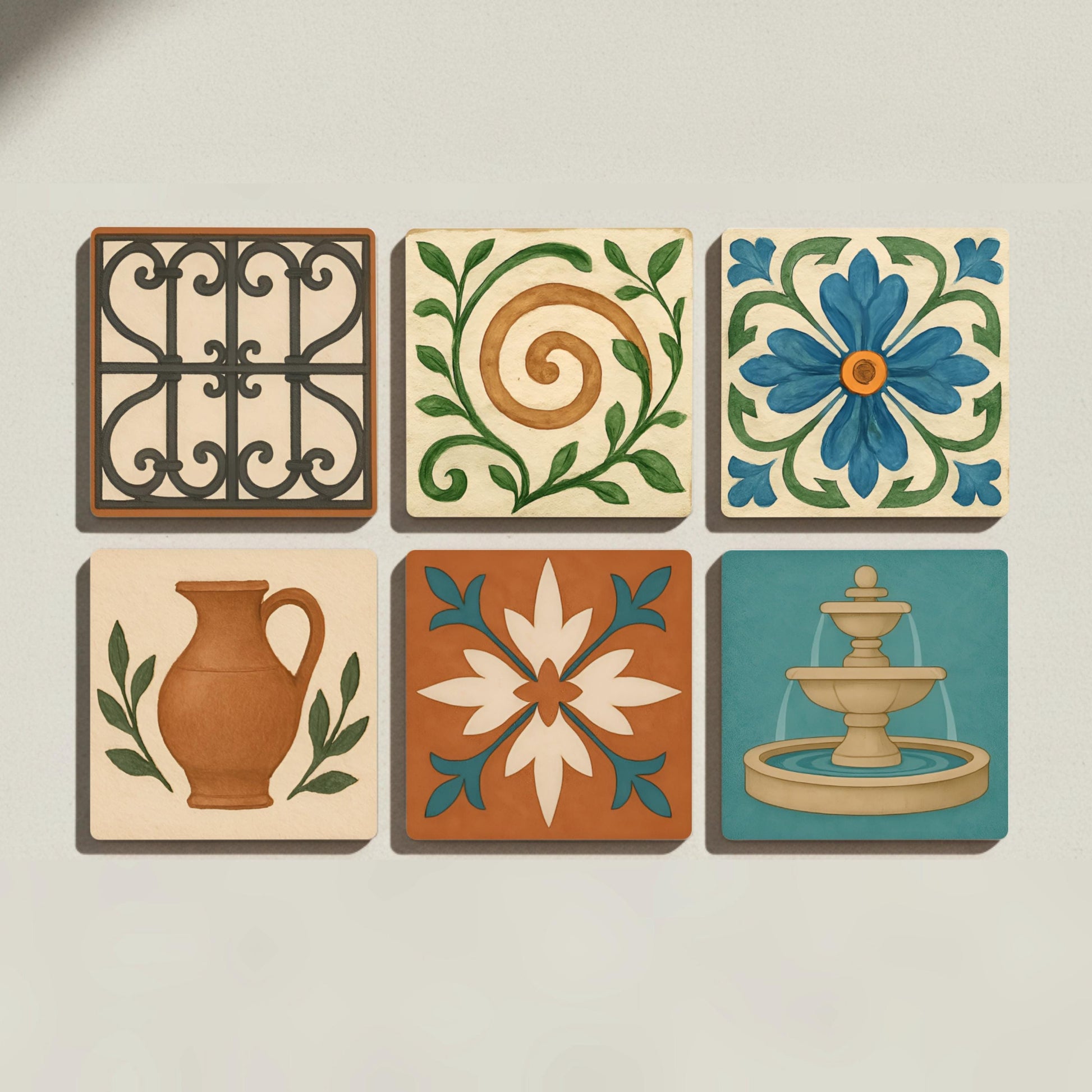 Mediterránea / Posavasos de azulejos toscanos / Decoración griega espa — Ceramic Coaster Set · Design-Lover's Table Set