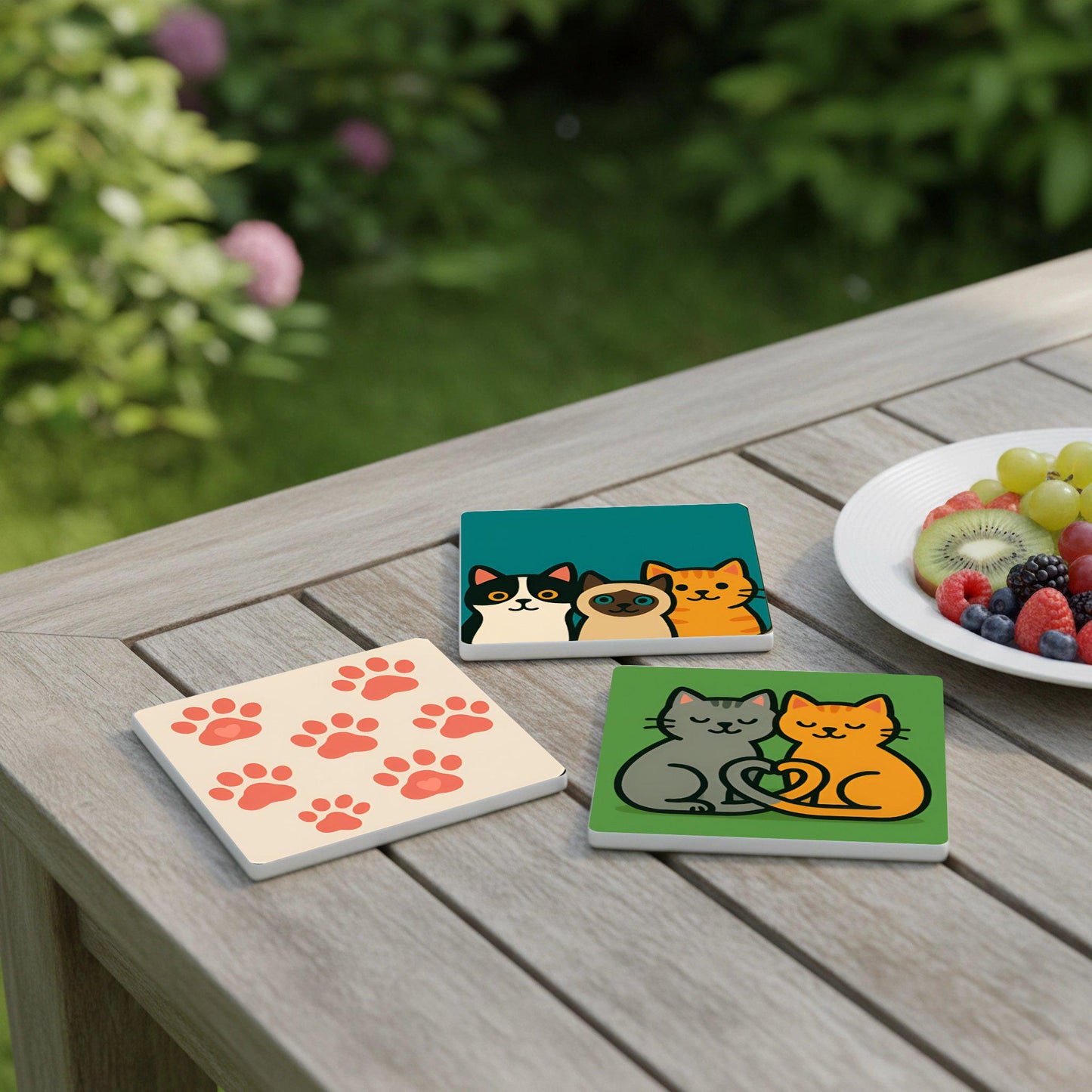 Diseño de gato de dibujos animados/Decoración de gatito juguetón, rega · Coaster Set with Cork — Pet & Nature Lovers' Gift