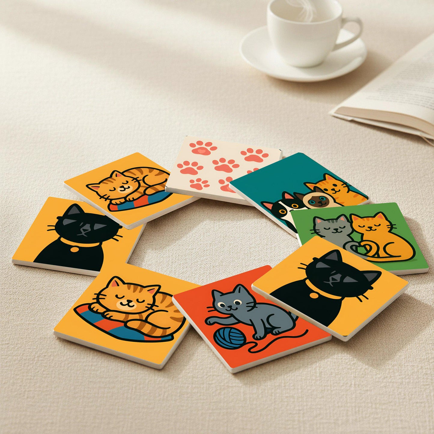 Diseño de gato de dibujos animados/Decoración de gatito juguetón, rega · Coaster Set with Cork — Pet & Nature Lovers' Gift
