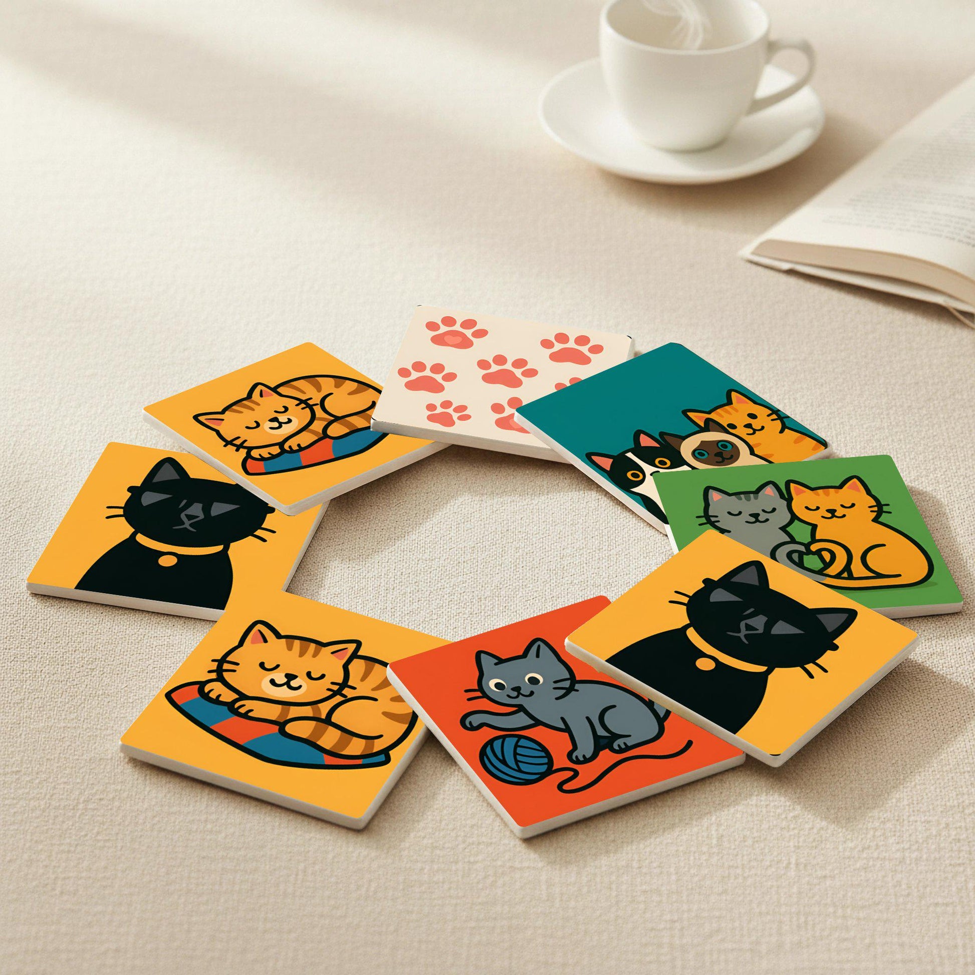 Diseño de gato de dibujos animados/Decoración de gatito juguetón, rega · Coaster Set with Cork — Pet & Nature Lovers' Gift