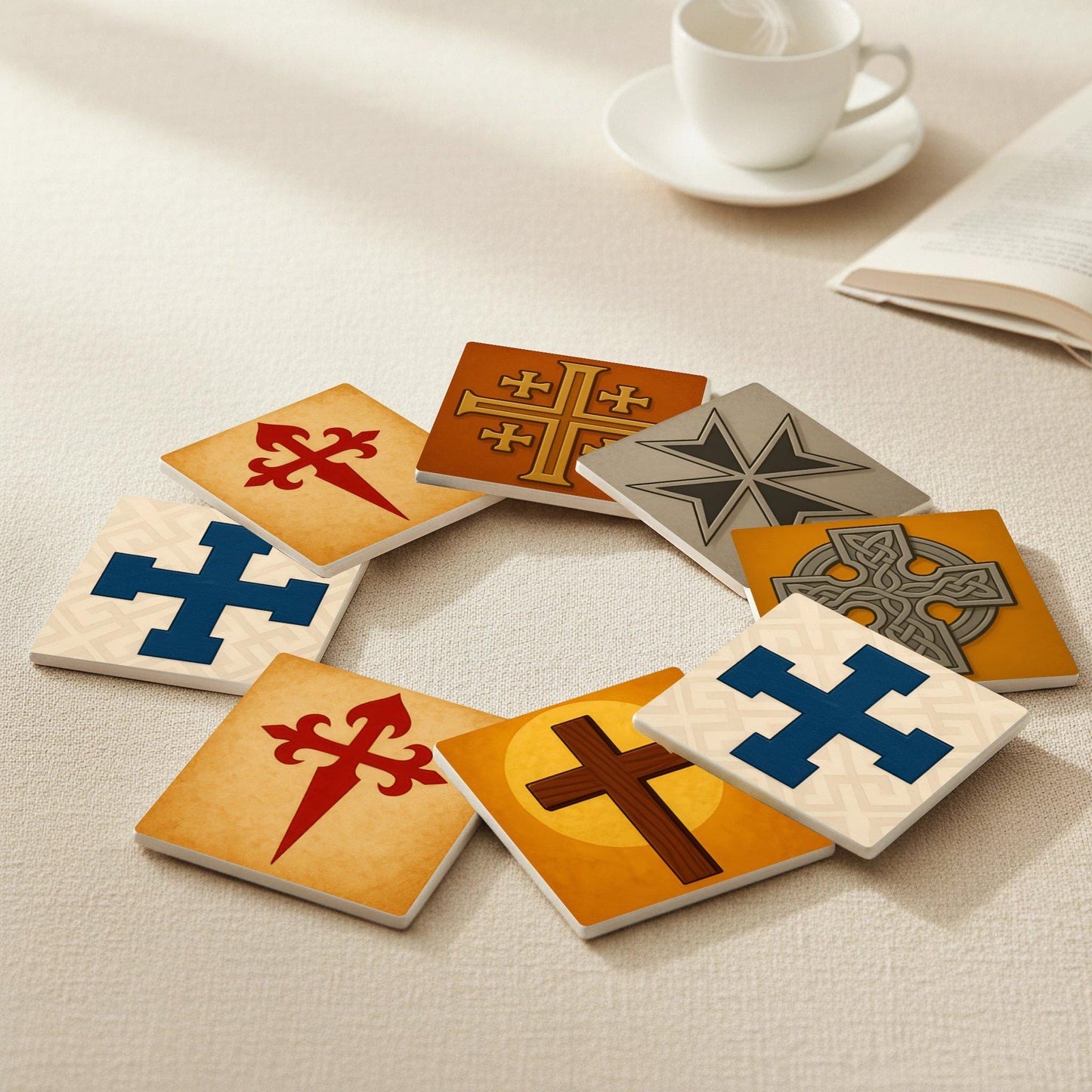 Forma de cruz cristiana / Decoración religiosa histórica — Set di Sottobicchieri in Ceramica · Sottobicchieri a Motivi Moderni