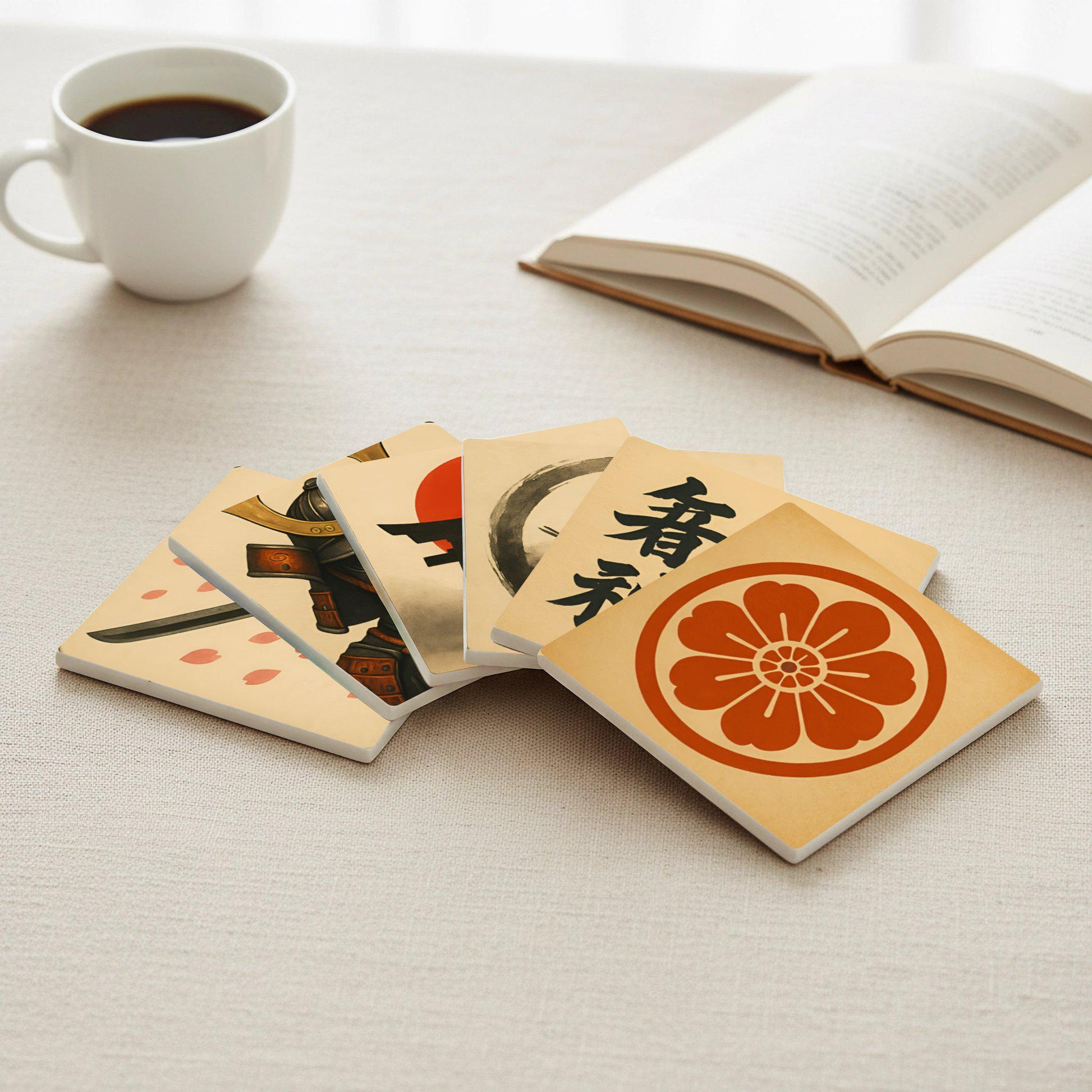 Posavasos Inspiración japonesa / Posavasos de azulejos con símbolos tradicionale