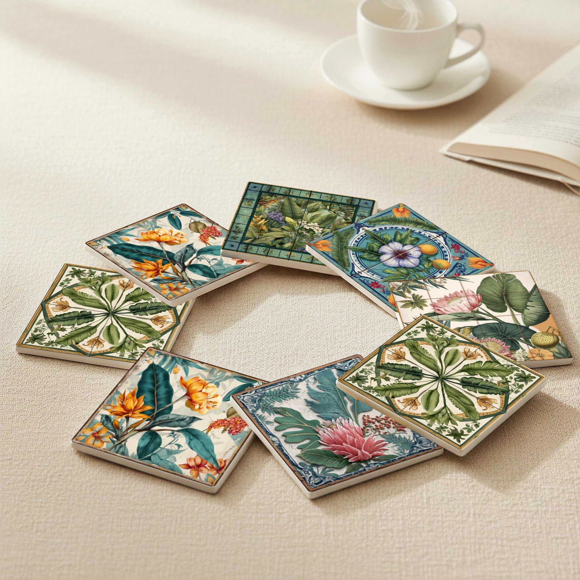 Botánica con decoración Floreale Tropicale — Set di Sottobicchieri in Ceramica · Decoro Botanico da Tavola
