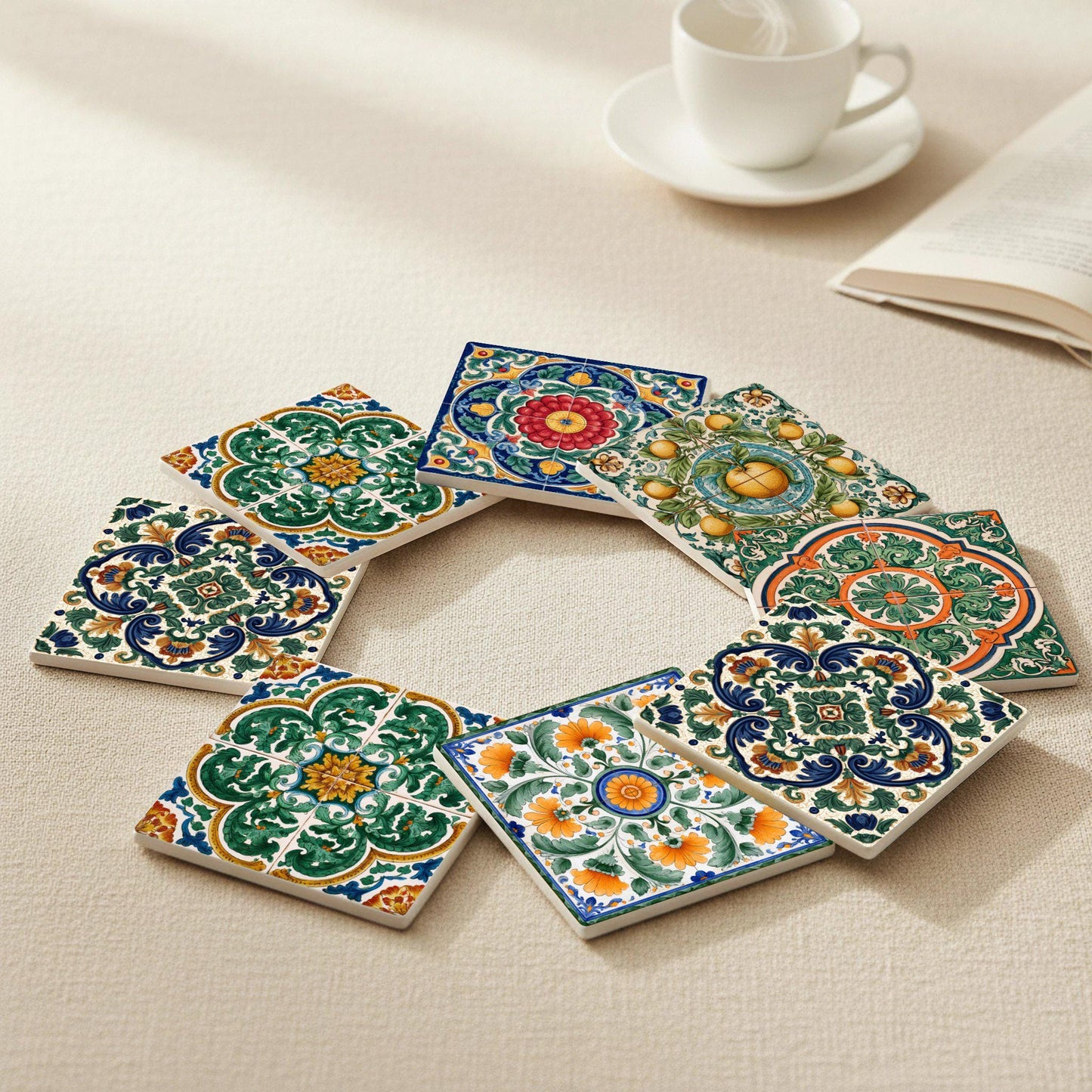 Valenciana con diseño floral mediterráneo (juego de 6) — Set de Dessous de Verre en Céramique · Cadeau Inspiration Jardin