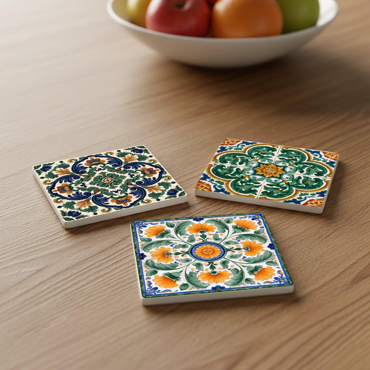 Valenciana con diseño floral mediterráneo (juego de 6) — Set de Dessous de Verre en Céramique · Cadeau Inspiration Jardin
