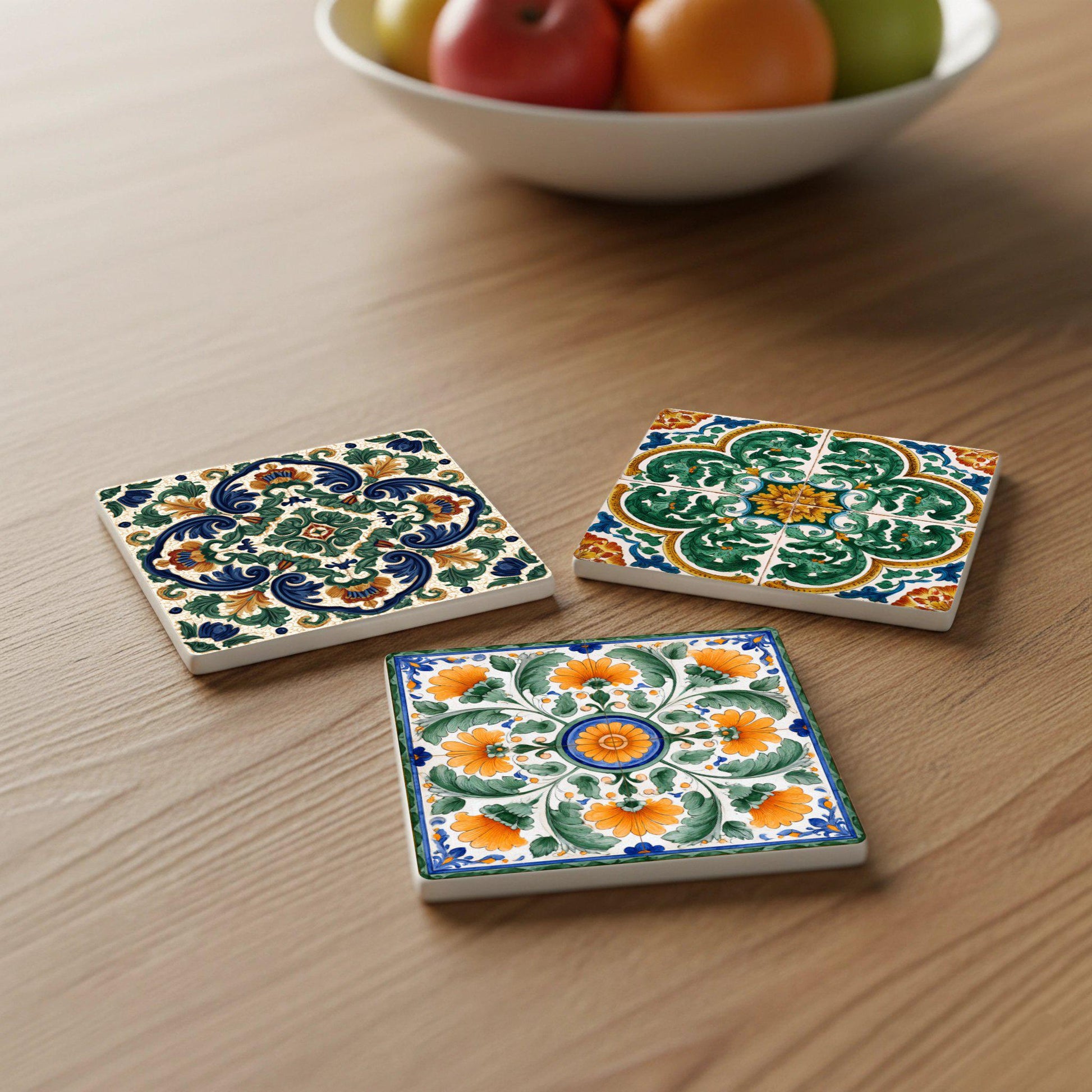 Valenciana con diseño floral mediterráneo (juego de 6) — Set de Dessous de Verre en Céramique · Cadeau Inspiration Jardin