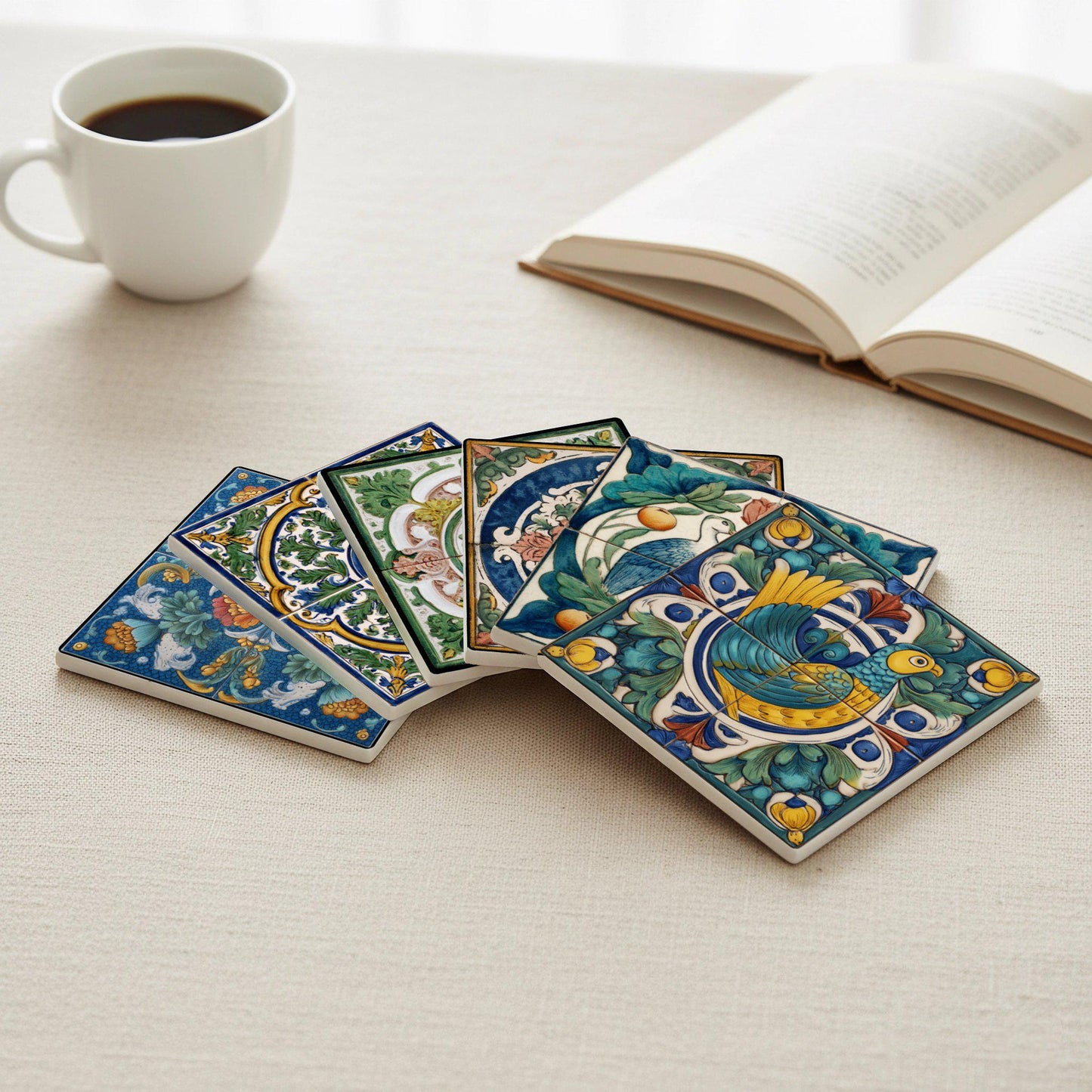 Ceramic Coasters Renaissance Majolica Bird Ceramic Coaster Set — Geometric & Deco