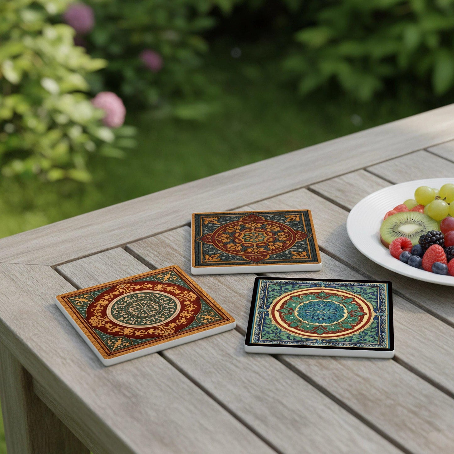 Greco-Roman Mosaic Ceramic Coaster Set · Coaster Set with Cork — Geometric & Deco
