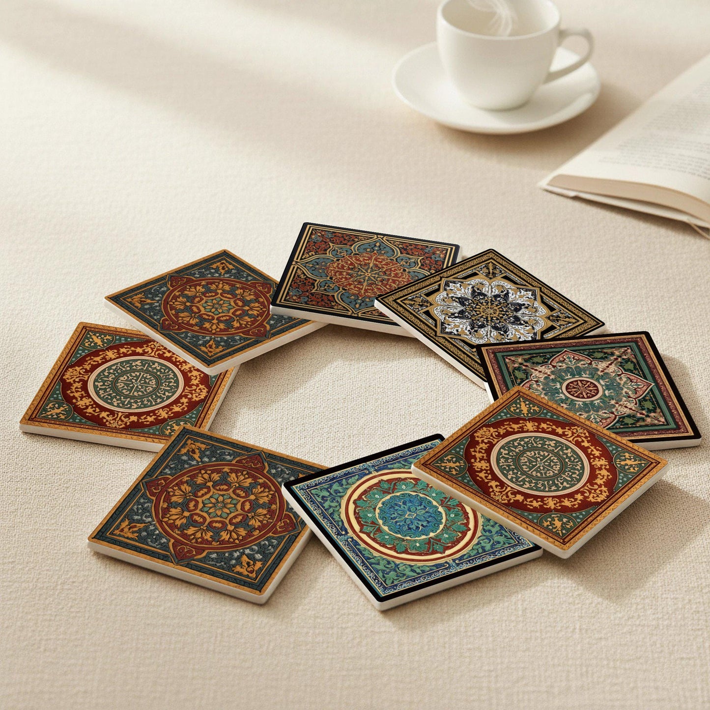 Greco-Roman Mosaic Ceramic Coaster Set · Coaster Set with Cork — Geometric & Deco