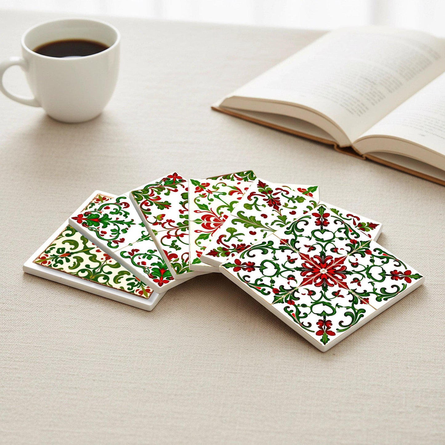 Arte popular húngaro con azulejos florales rojos y verdes · Sottobicchieri con Sughero — Collezione Grandi Pittori