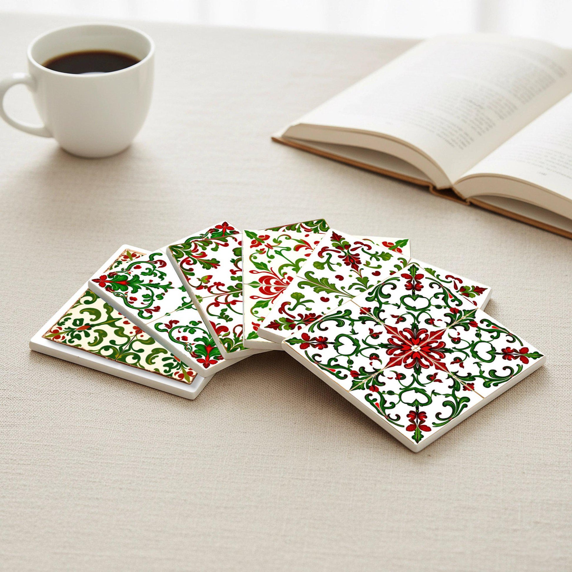 Arte popular húngaro con azulejos florales rojos y verdes · Sottobicchieri con Sughero — Collezione Grandi Pittori