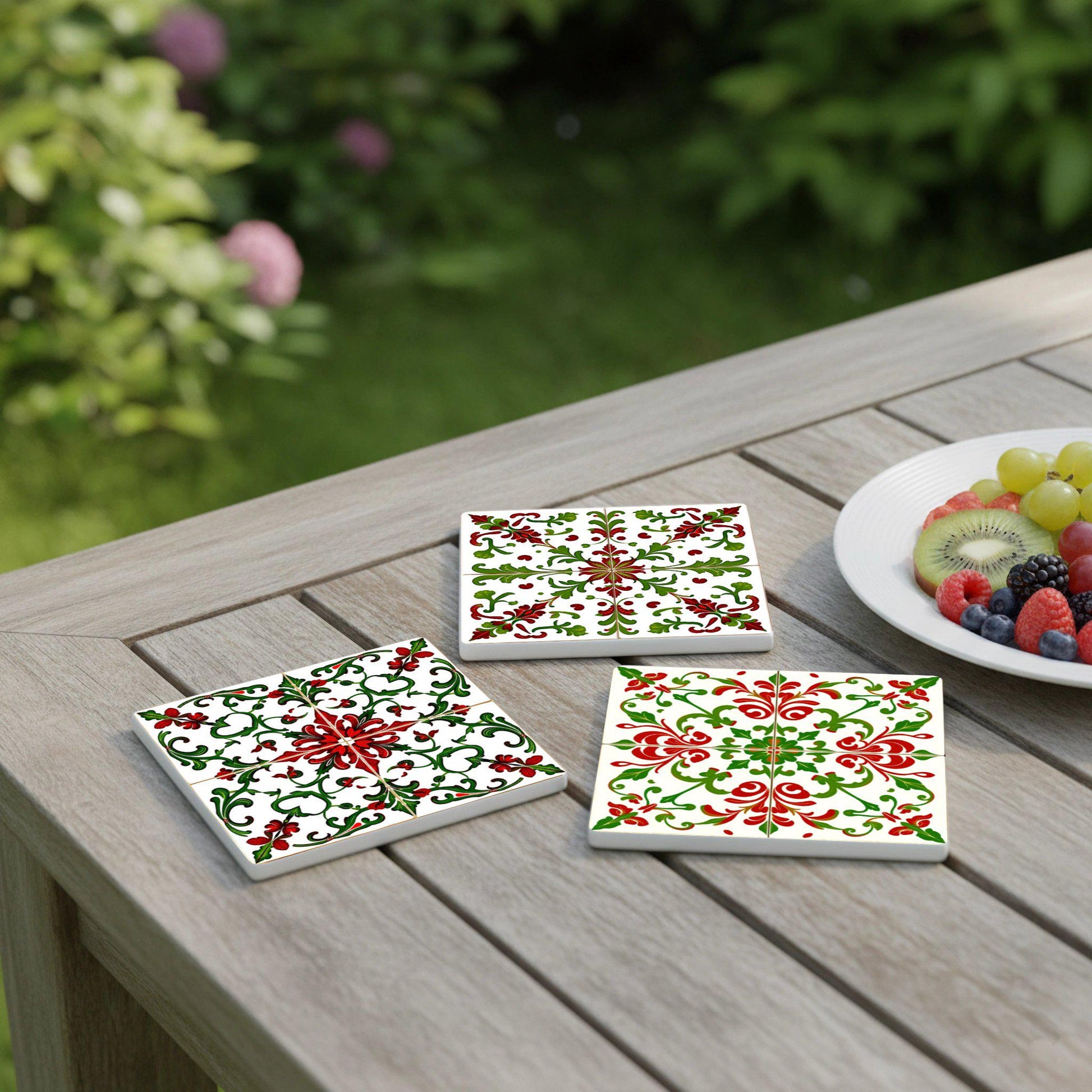 Arte popular húngaro con azulejos florales rojos y verdes · Sottobicchieri con Sughero — Collezione Grandi Pittori