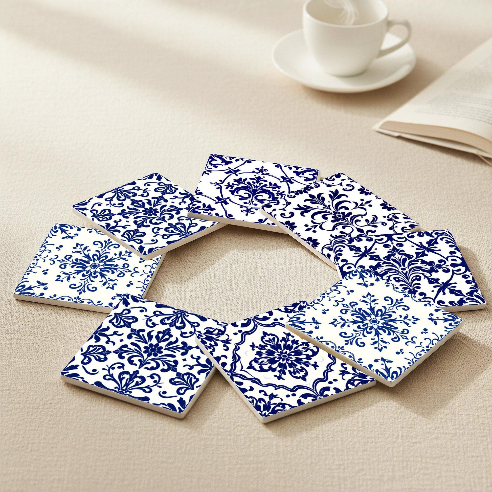 French Toile · Coaster Set with Cork — Geometric & Deco